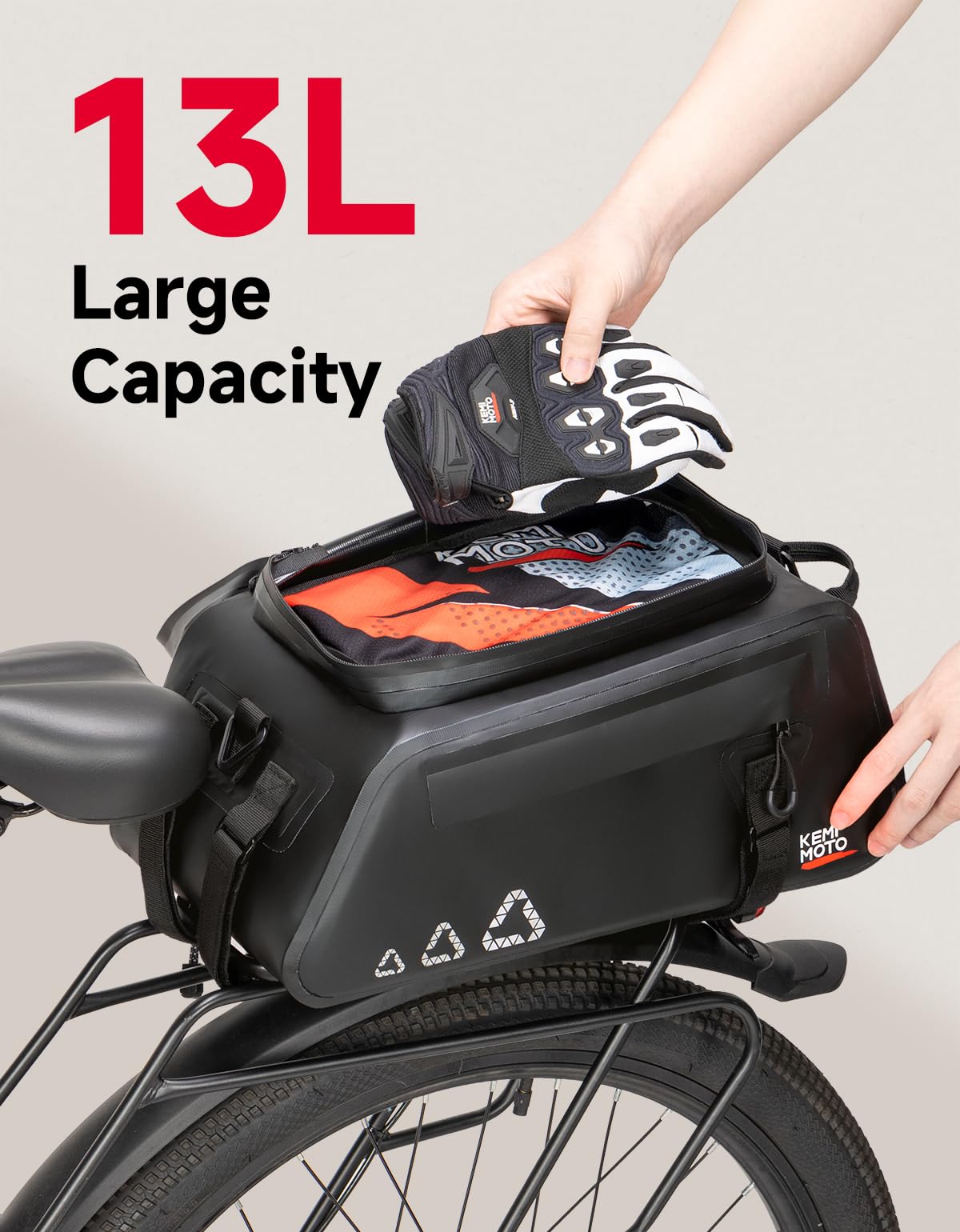 KEMIMOTO 3 in 1 Borsa Bici Posteriore, 13L Borsa per Bicicletta Posteriori Impermeabile con Striscia Riflettente, Borse per Bici con Tracolla e Maniglia per Strada Bike Mountain Bike