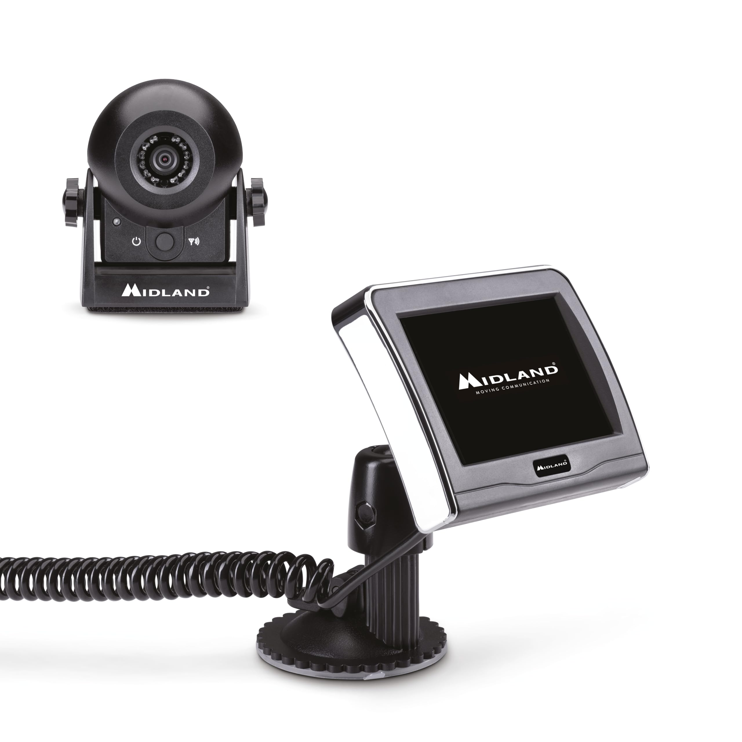 Midland - Wireless RV Cam Telecamera Retromarcia Auto, Camper, Roulotte e Altri Veicoli - Telecamera per Auto con Angolo di Visione 120°, LED IR, Facile Installazione Senza Forature, Monitor Incluso