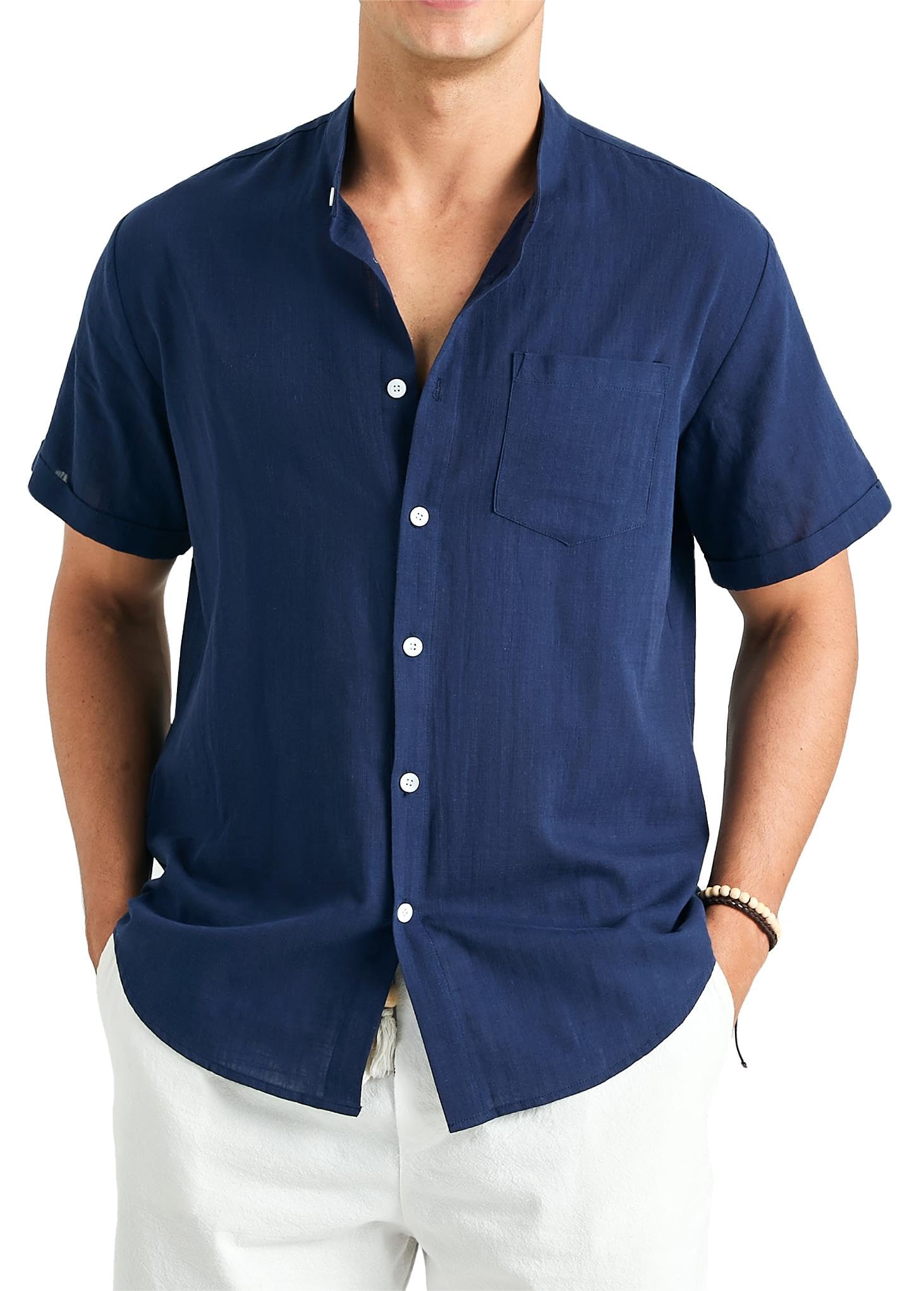 Enlision Camisa de Lino Manga Corta Camisa para Hombre Informales Sin Cuello Verano Henley Camisas Coton de Color Sólido con Botónes Bolsillo Playa Boda S-4XL