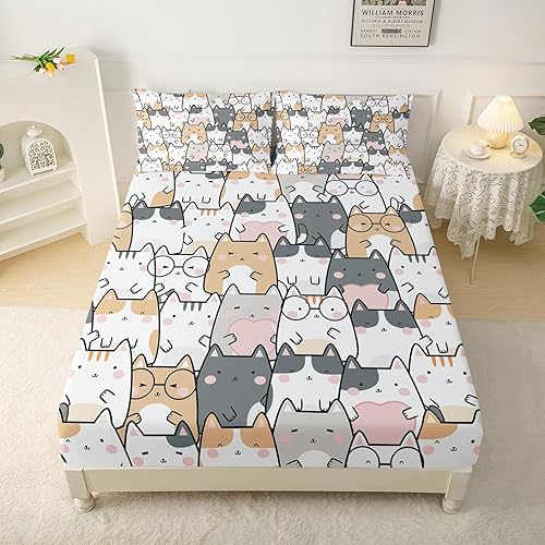 Miniatura 3 de QOOMO Juego de sábanas Kawaii para niños, tamaño matrimonial, con bolsillo profundo de 16 pulgadas, diseño de gato de dibujos animados, suave y