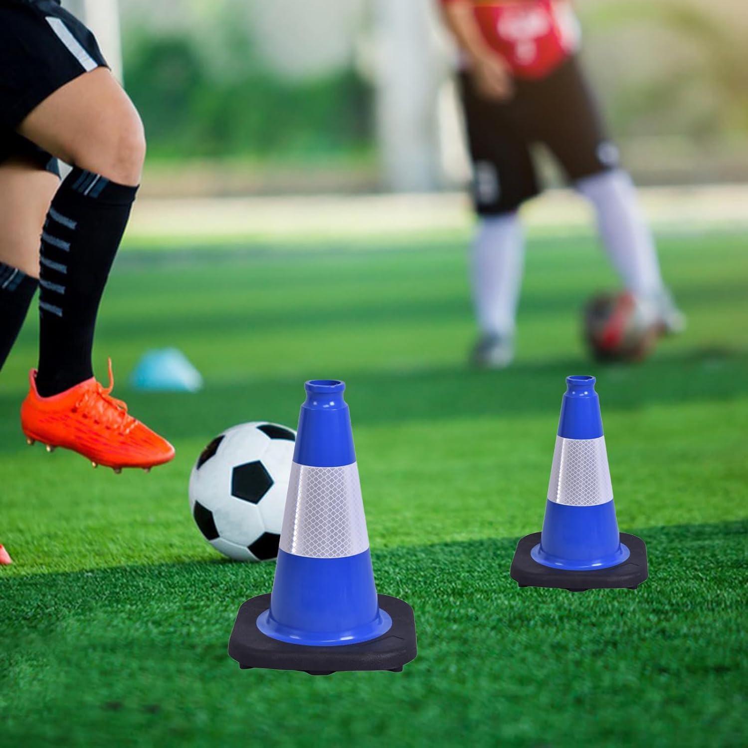 4 Pack 12 Inch Blue PVC Traffic Cones Black Base, Sport Training Cones for Soccer Drills, Outdoor Play, Indoor Gym Activities (4, Blue, 12 Inch)