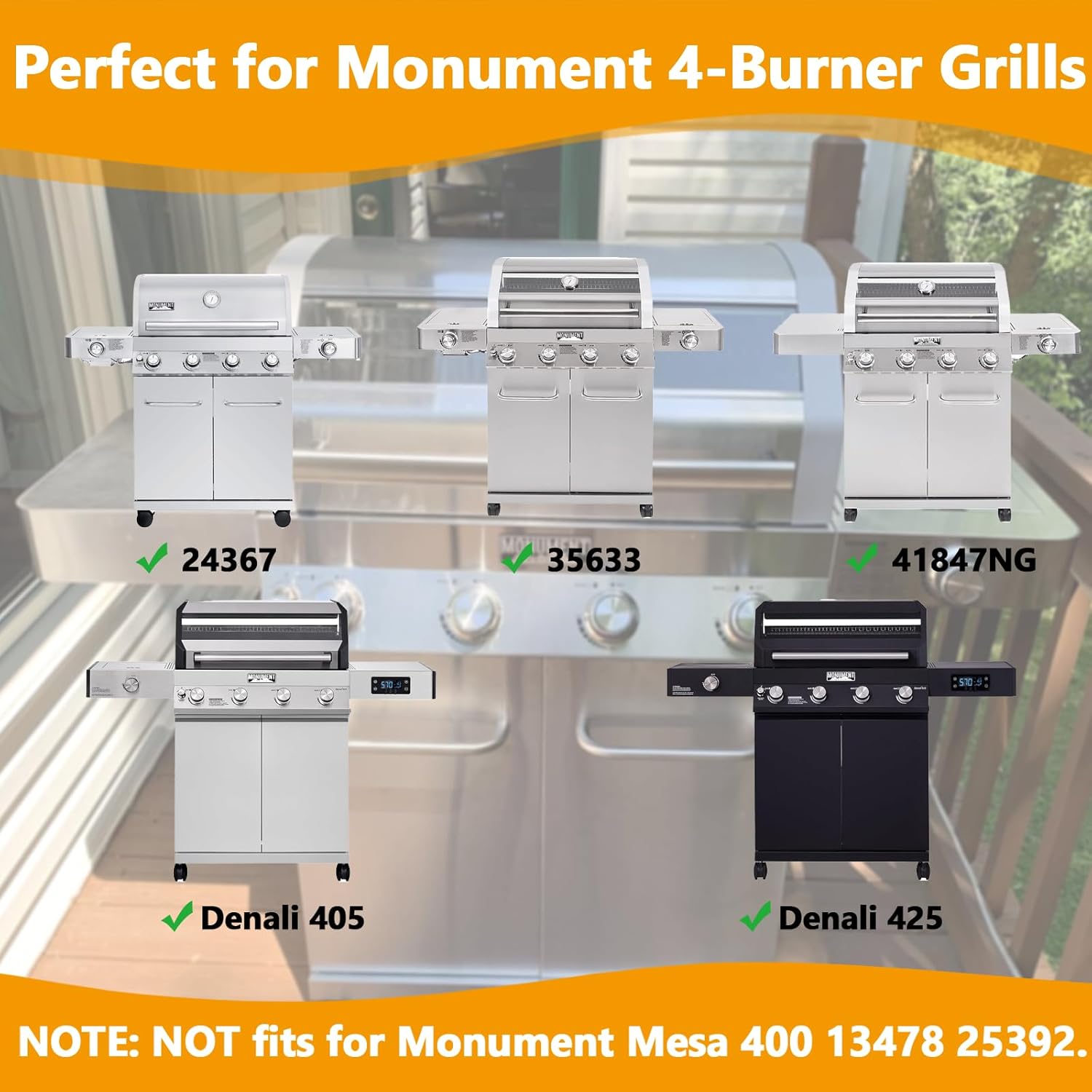 BBQ-PLUS 97888 Grill Grates Replacement Parts for Monument 24633 24367 41847NG 35633 35633R 35633G 35633B 13892 17842 D405 D425, Stainless Steel Cooking Grids for Monument 4-Burner Gas Grills, 3 Pack