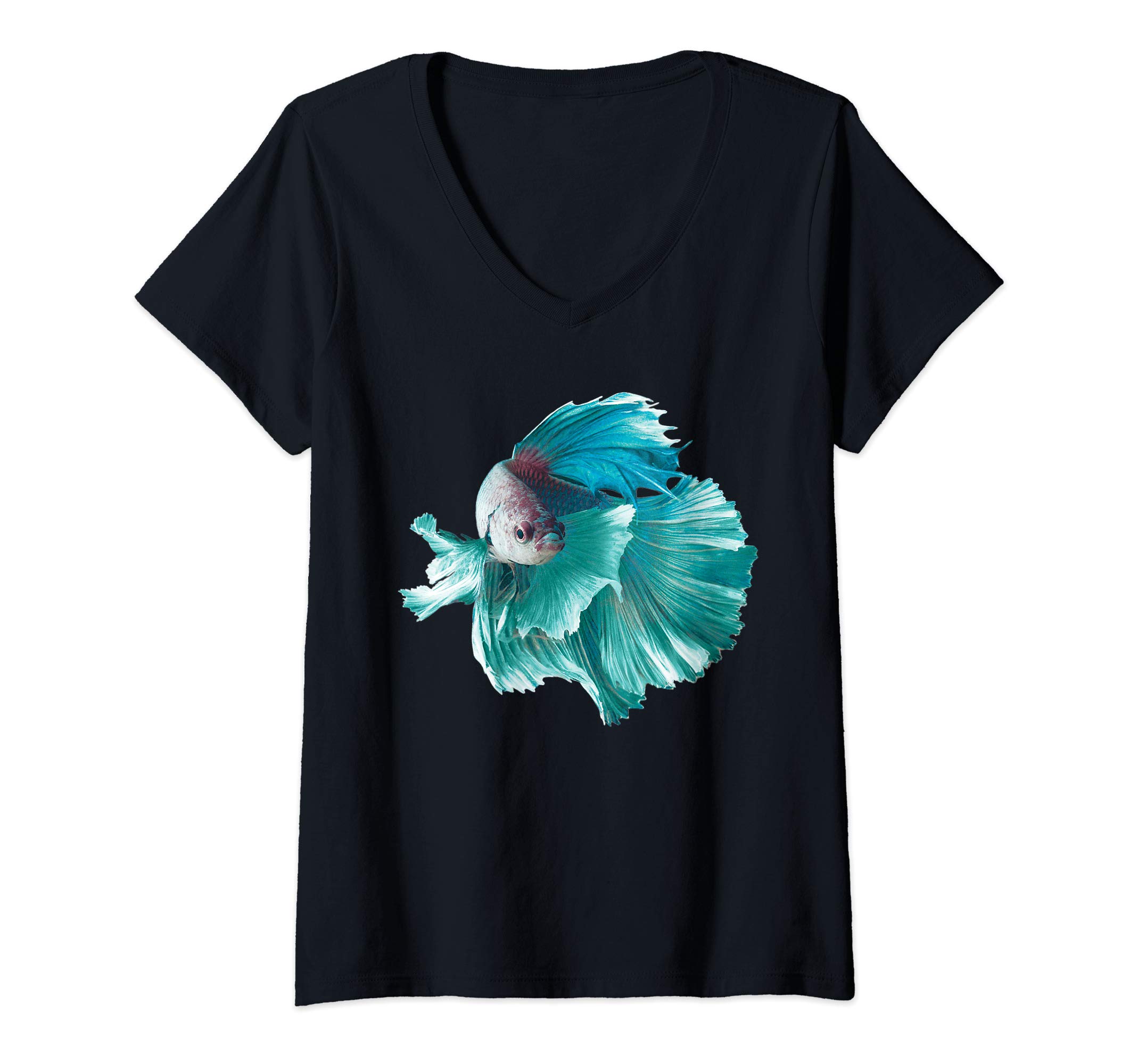 2Tees Funny Betta FishWomens Betta Shirt Gift for Men Women Blue Dumbo Betta Double Tail V-Neck T-Shirt