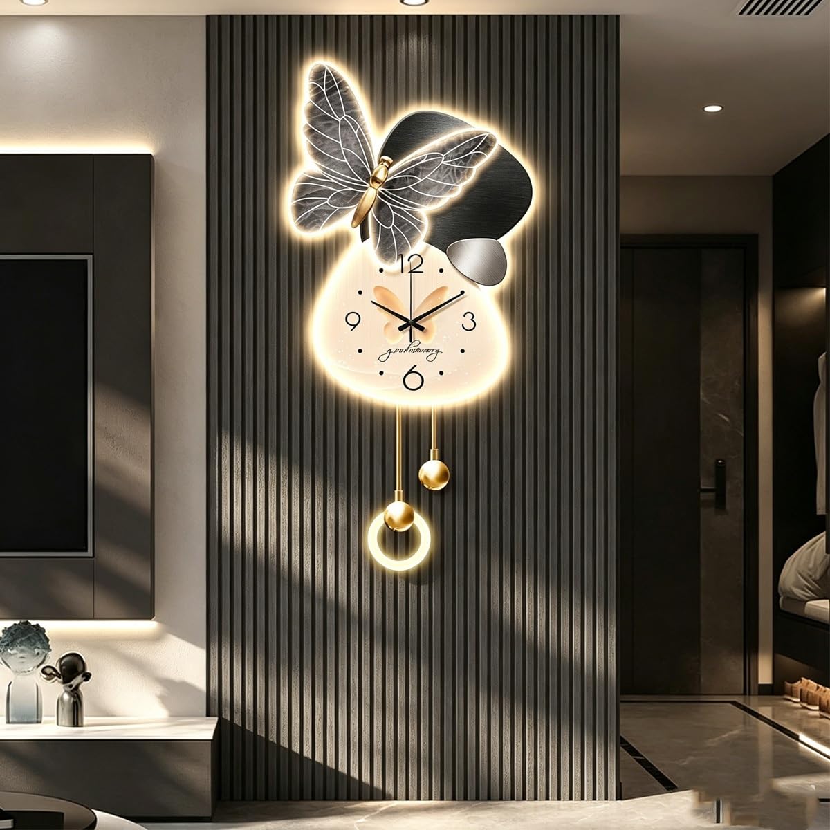 EBOYNSowAprr 3D Arte de pared 3D con LED Reloj Mural LED para Salón | Escultura Mural Mariposa Moderna con Reloj Colgante Silencioso & Luz Regulable con Mando a Distancia(B,27.6x38.6in)