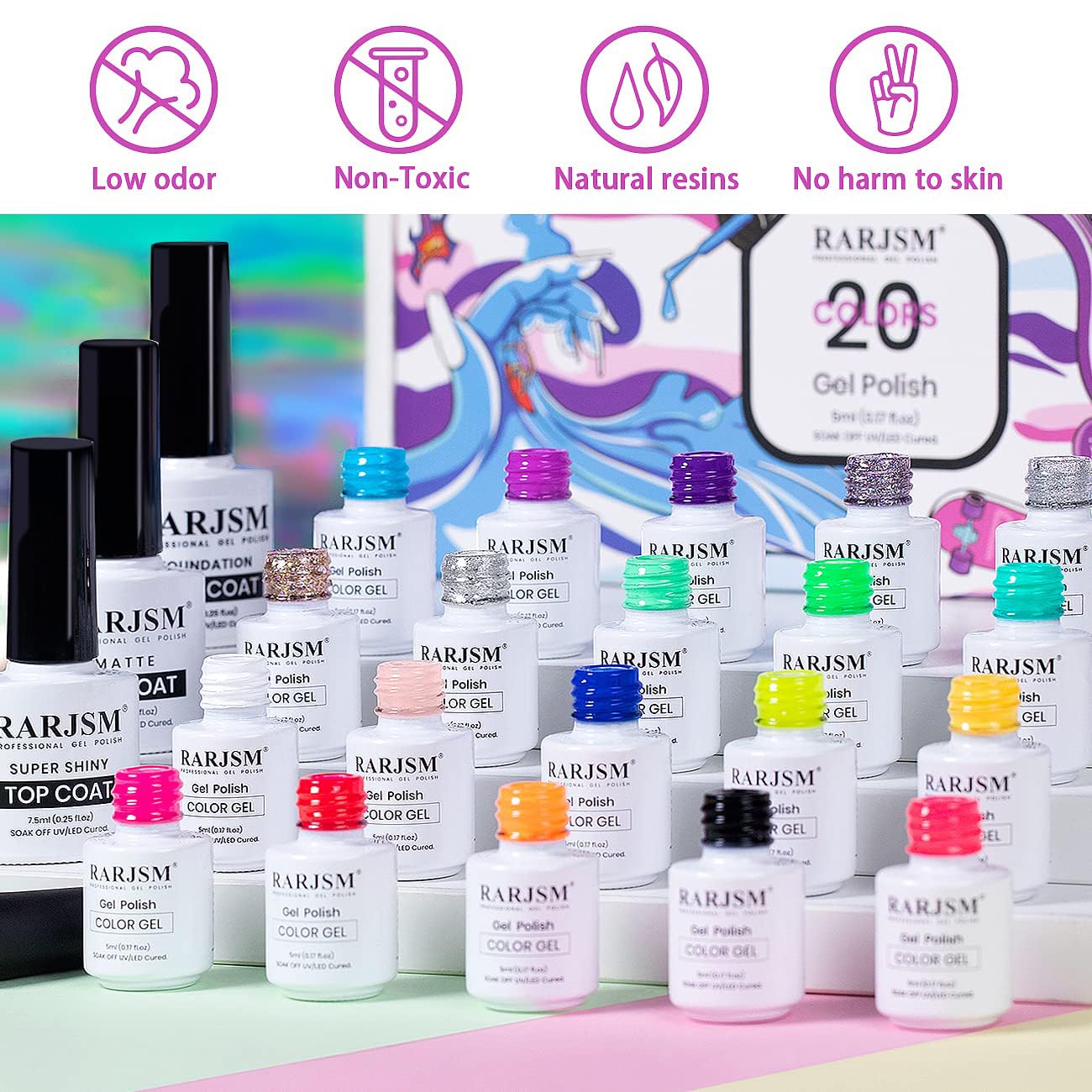 RARJSM 23 Pcs Gel Nail Polish Set, Pastel Nail Gel Kit Spring Summer Neon Green Yellow Black Glitter White Pink Blue Collection with Classic Colors LED UV Curing Gel Polish Nail Kit 5ml