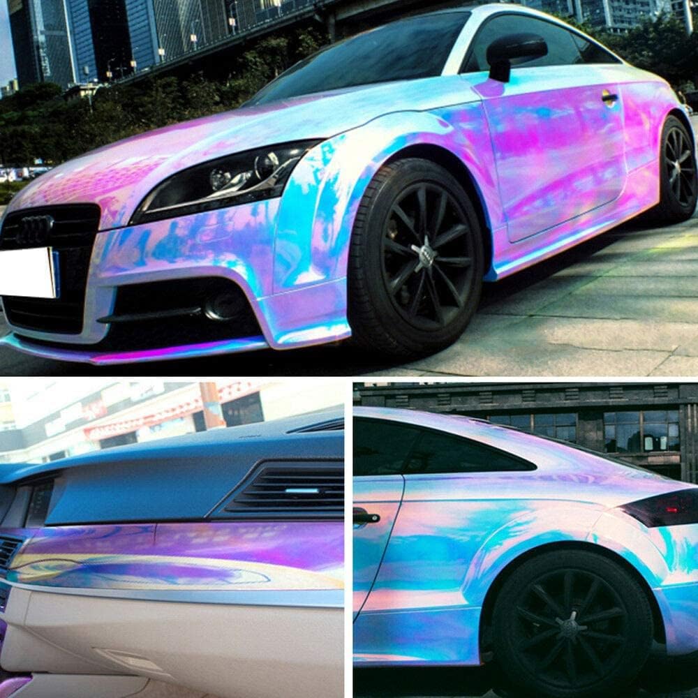 Holographic Rainbow Chrome Car Adhesive Vinyl Wrap Gloss Decal Sticker Film Sheet Air Bubble Free DIY Vinyl for Full Car Wraps (White, 59ft x 4.5ft)