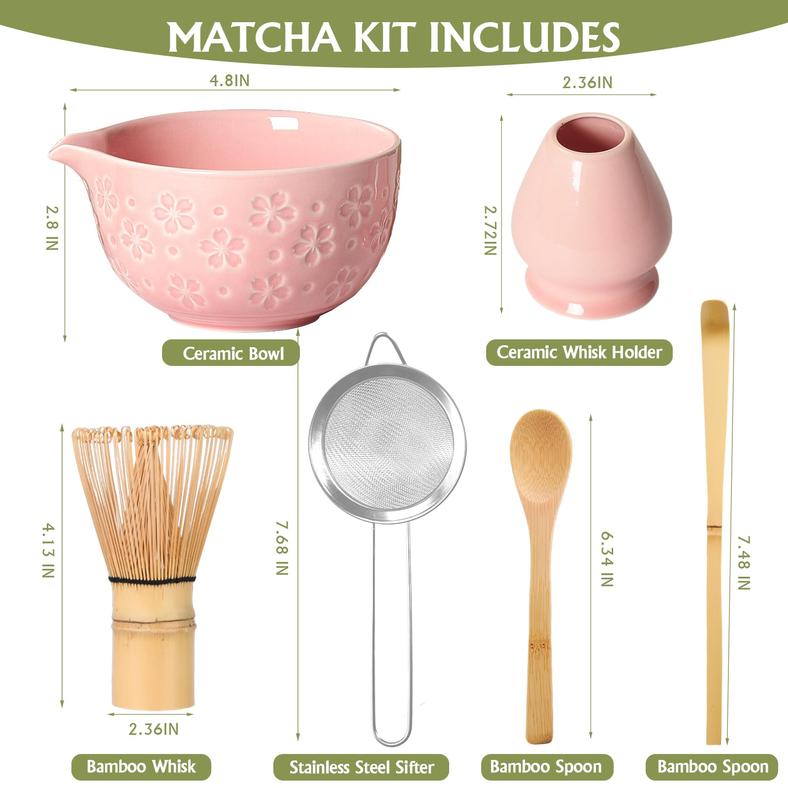 Matcha Whisk Tea Set Kit: Japanese Matcha Kit - Ceramic Bowl Bamboo Whisk Chasen Holder spoon Measuring Scoop Sifter - Traditional Practical for Tea Ceremony Breakfast Lattes - Home Kitchen Christmas