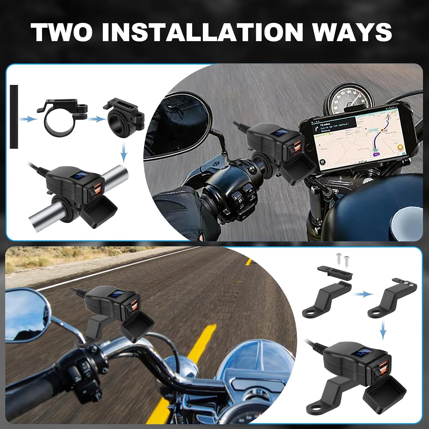 Motorcycle USB Charger, Dual USB A 12V-24V Universal with Voltmeter SAE Interface for Handlebar Travel (Blue Voltmeter Digital Display, Dual USB-A)