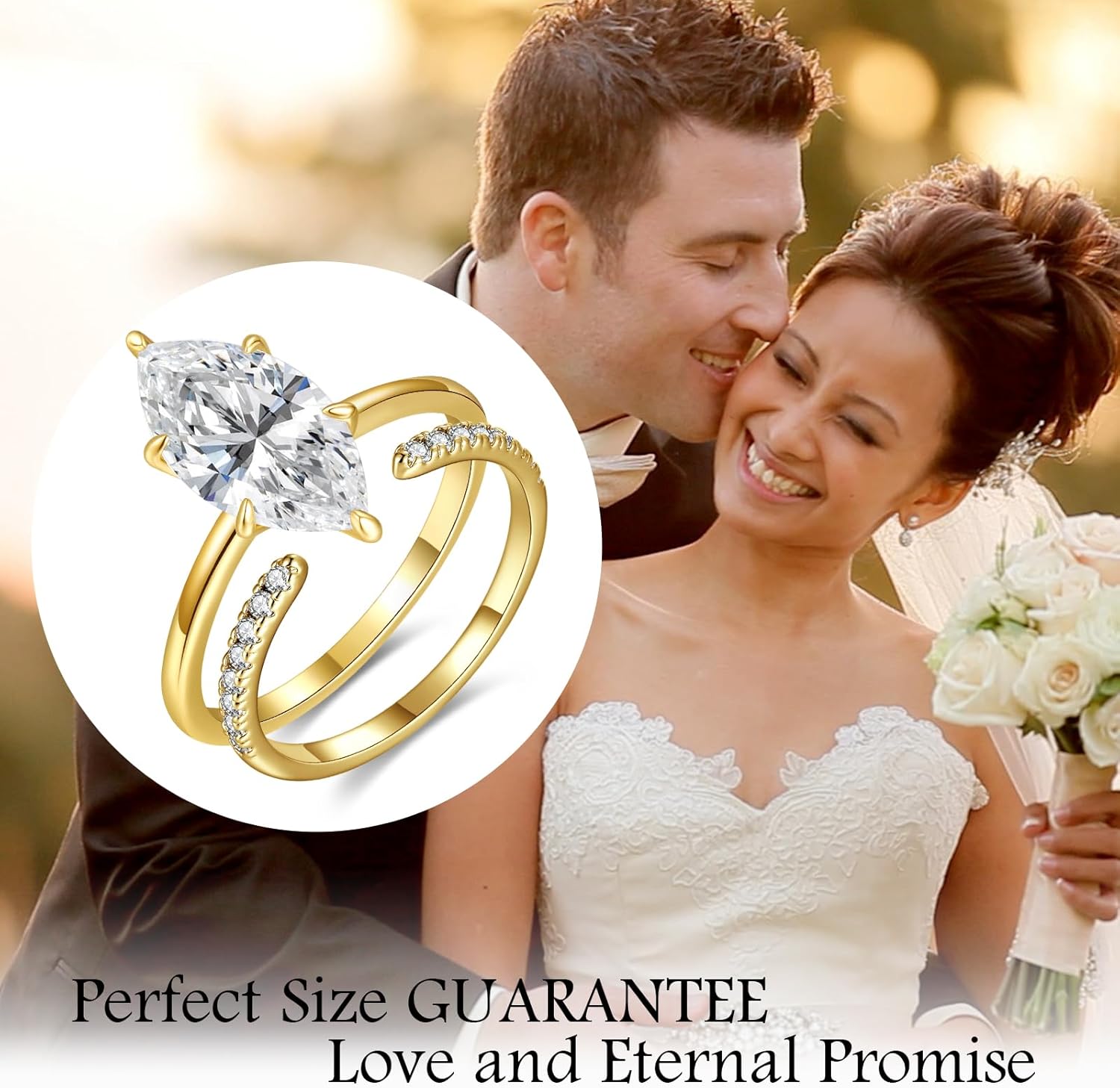 3.5CT Marquise Cut Engagement Ring Set for Women, Wedding Promise Cubic Zirconia Band, 14K Gold/White Gold Plated Stackable Adjustable Bridal Half Eternity Open Rings, Size 5-9 - Image 6