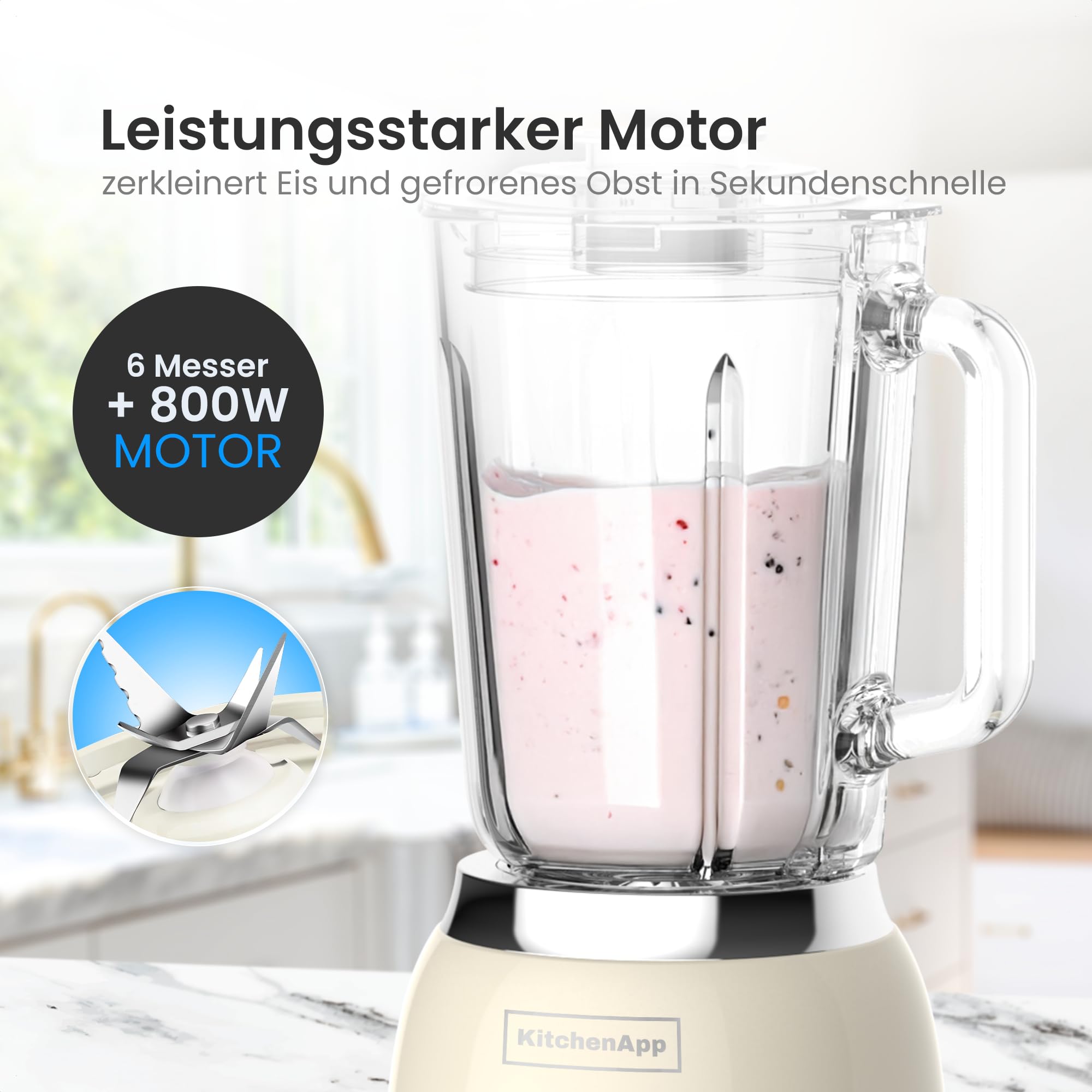 Retro Standmixer 1,5L mit Glaskanne – 800W Mixer mit Eiscrusher, Smoothie- & Pulse-Funktion, Beige