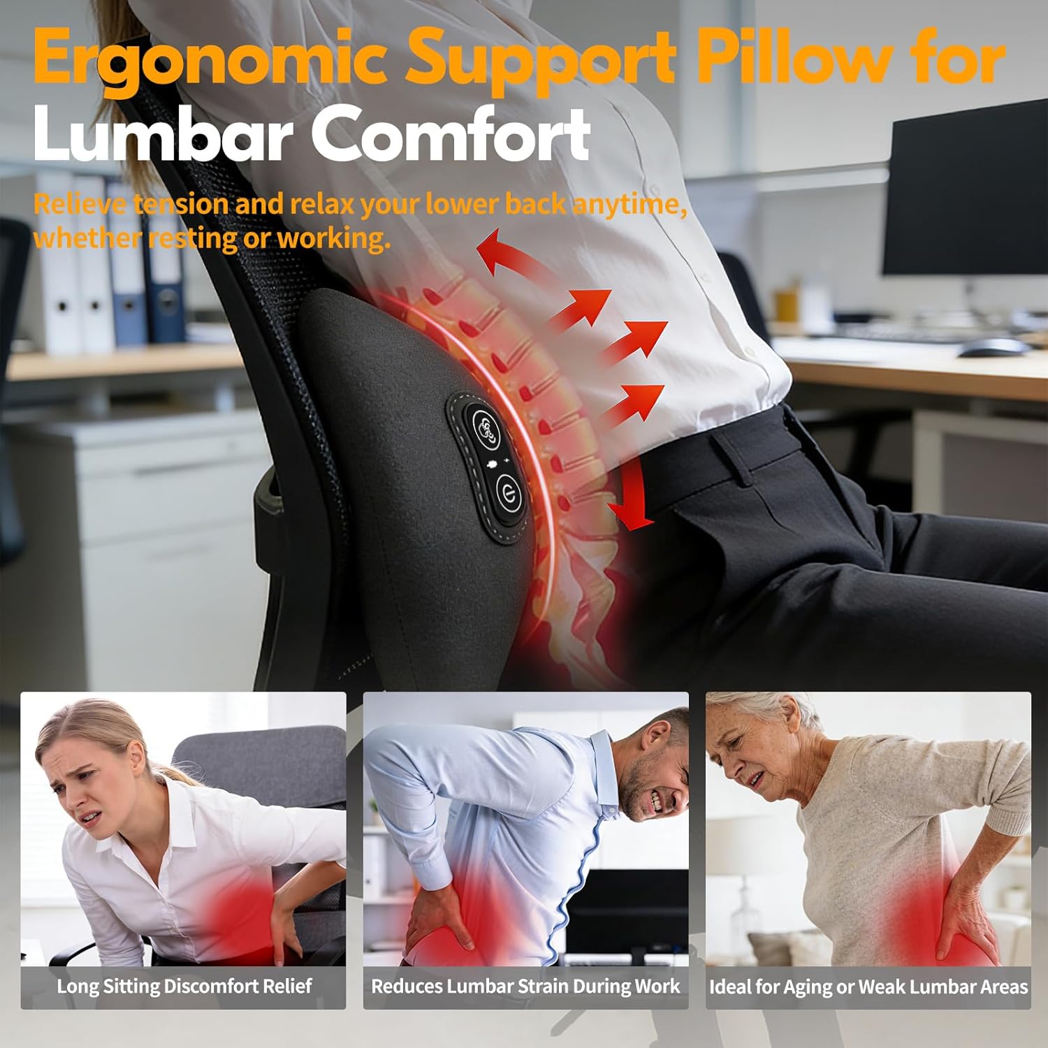 3-in-1 Electric Lumbar Support Pillow for Bed and Chair, Triple Fusion Back Massager with Heat, Vibration and Gentle Traction, Deep-Tissue Lower Back Massager for Sciatic-Area Comfort
