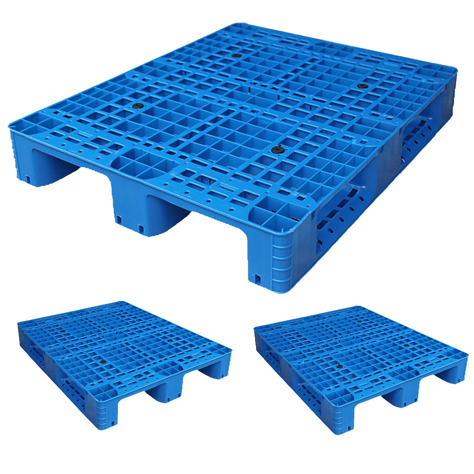 Lot de 3 palettes en Plastique, palettes emboîtables Robustes, avec grilles Respirantes, pour entrepôt, supermarché et Cuisine, Bleu, 100 x 80 x 15 cm.