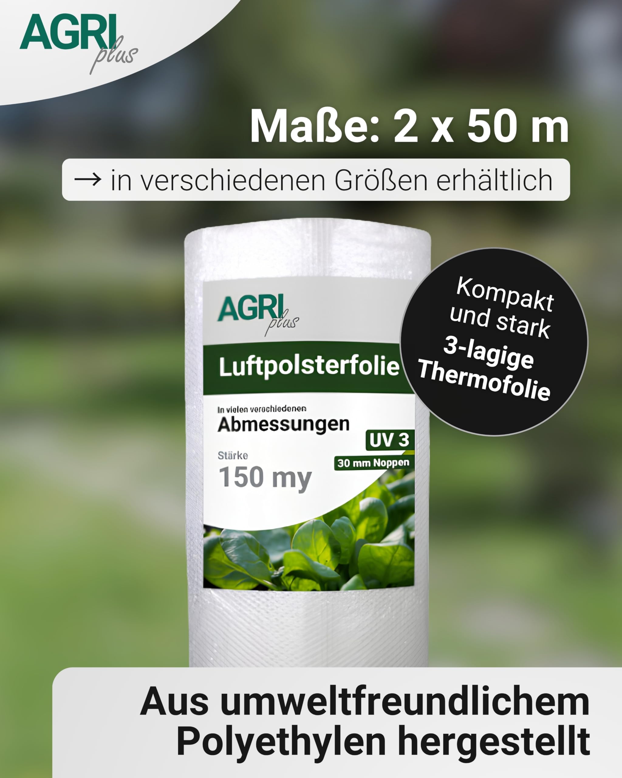 AGRIplus Luftpolsterfolie I 2 x 50 m I Stoßdämpfende, reißfeste & flexible Verpackungsfolie I 30 mm Noppen I 150 my Schutzfolie für Versand, Umzug, Lagerung & empfindliche Gegenstände