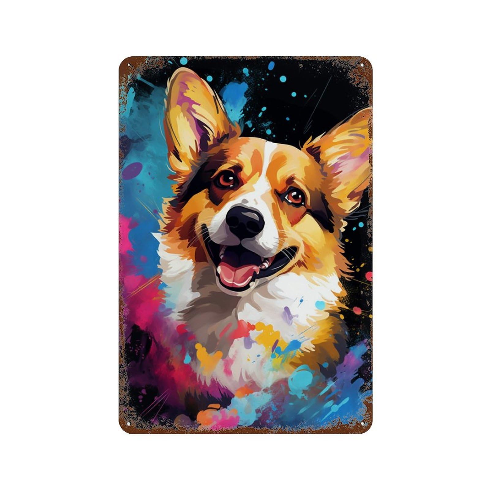 Vintage Rust Metal Sign with Colorful Corgi Painting Design 11.8"x7.9", for Office, Studio And Wall Decor, Farmhouse Wall Decor