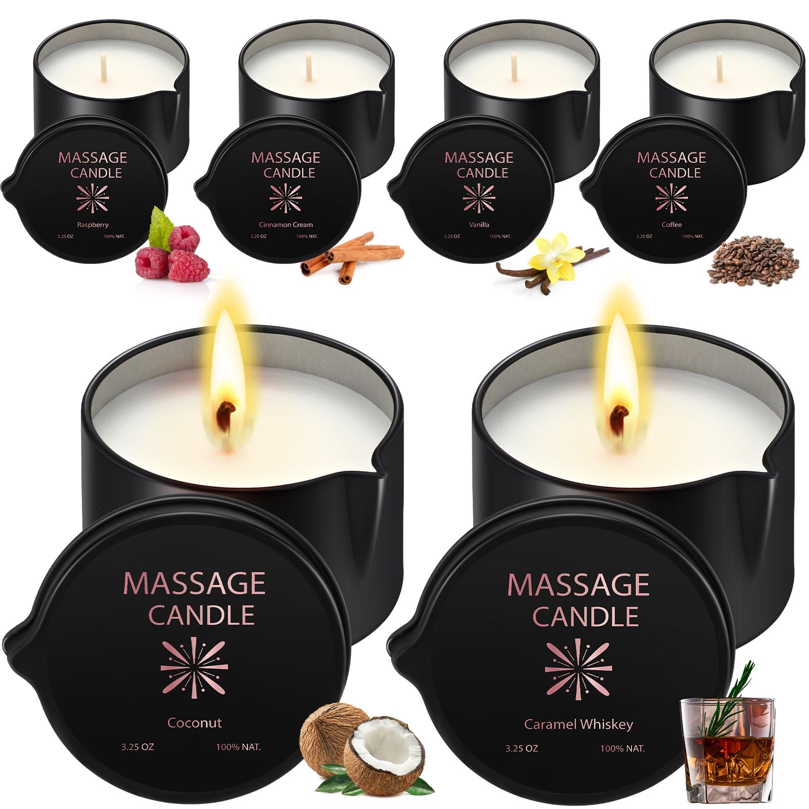 Nuanchu 6 Pcs 2.35 oz Massage Oil Candle, Ignite Low Temp Scented Body Oil Candles for Massage Therapy Soy Based Christmas Home Gift Spa Use 6 Scent