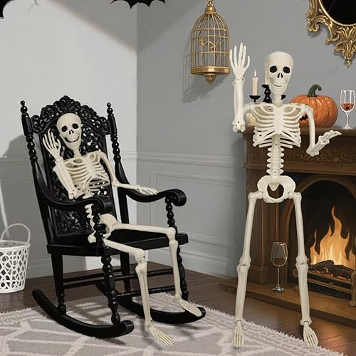 Miniatura 6 de Paquete de 2 esqueletos posables de 36 pulgadas, decoraciones de Halloween esqueleto de tamaño real de 3 pies con articulaciones móviles de cuerpo