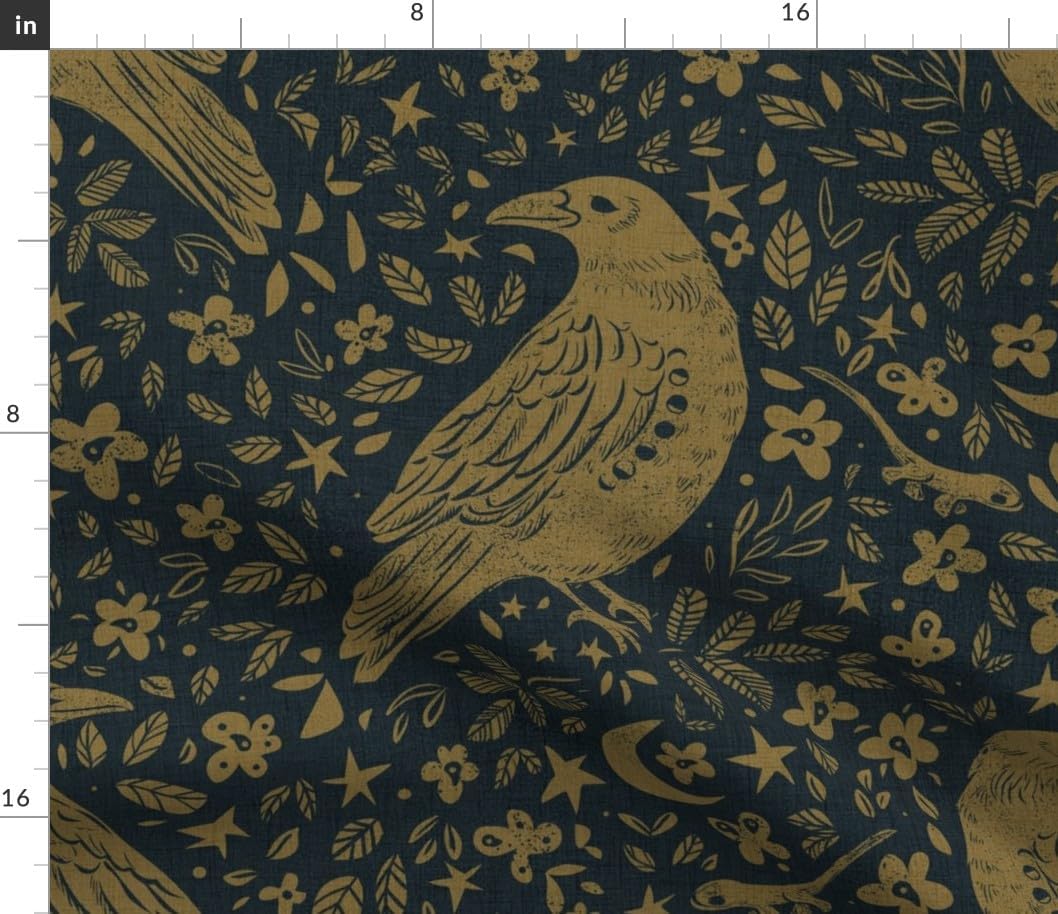 Spoonflower Fabric - Dark Raven Gothic Floral Crow Corvid Witchy Boho Crescent Moon Lunar Printed on Petal Cotton Fabric by The Yard - Sewing Quilting Apparel Crafts Decor