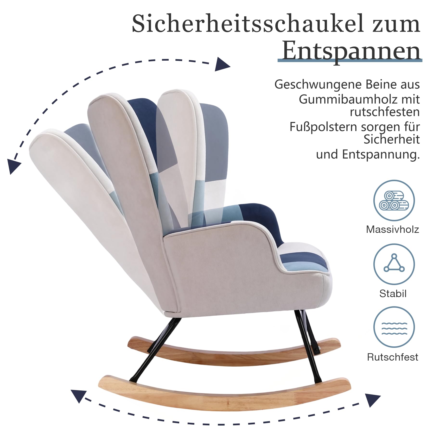 Schaukelstuhl Sessel Patchwork mit Metallgestell und Holzsockel Skandinavischer Schaukelsessel Retro Sessel Wohnzimmer Relaxstuhl Polstersessel für Schlafzimmer Hotel Blau