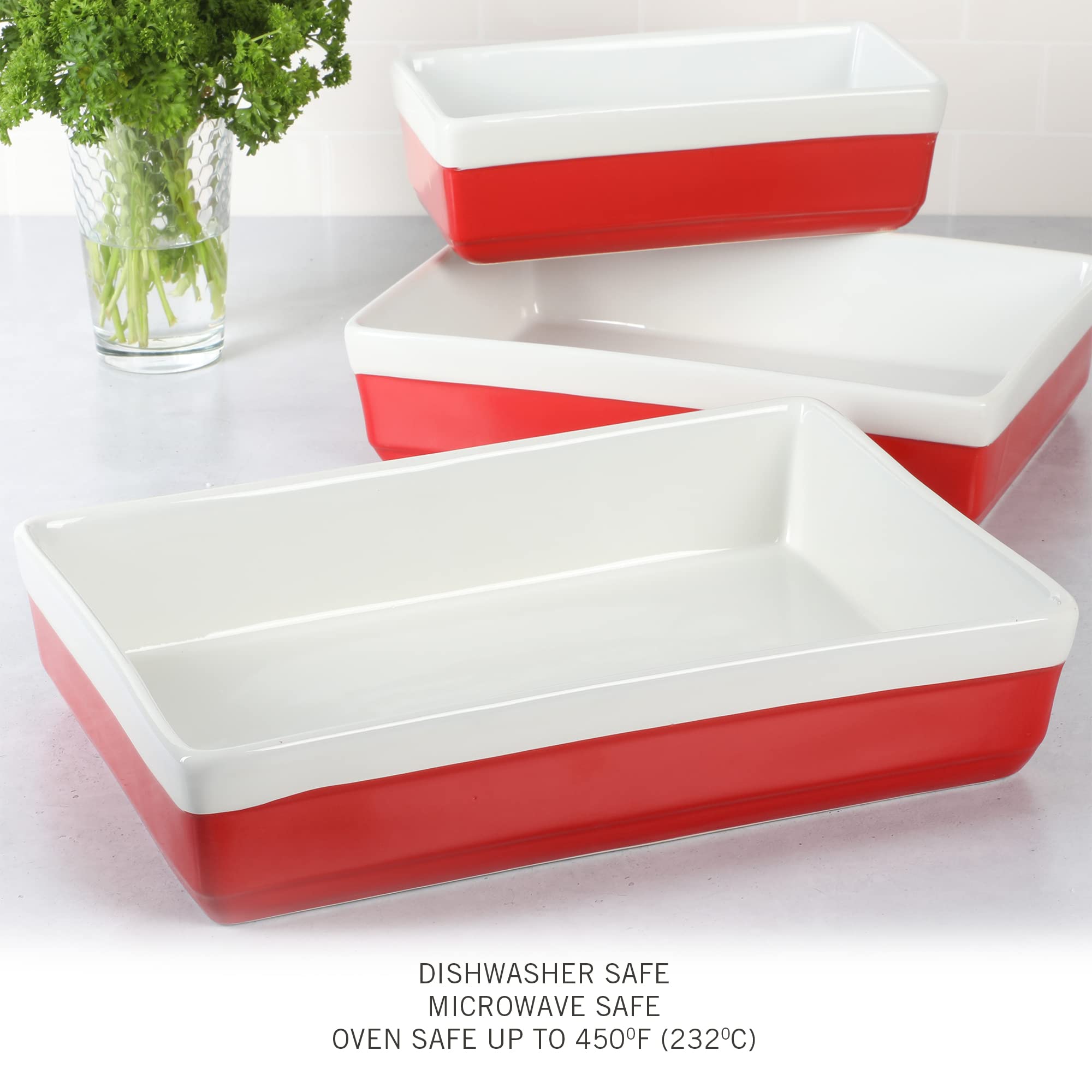 MARTHA STEWART 3-teiliges Backformen- und Auflaufform-Set aus Steingut, Rot