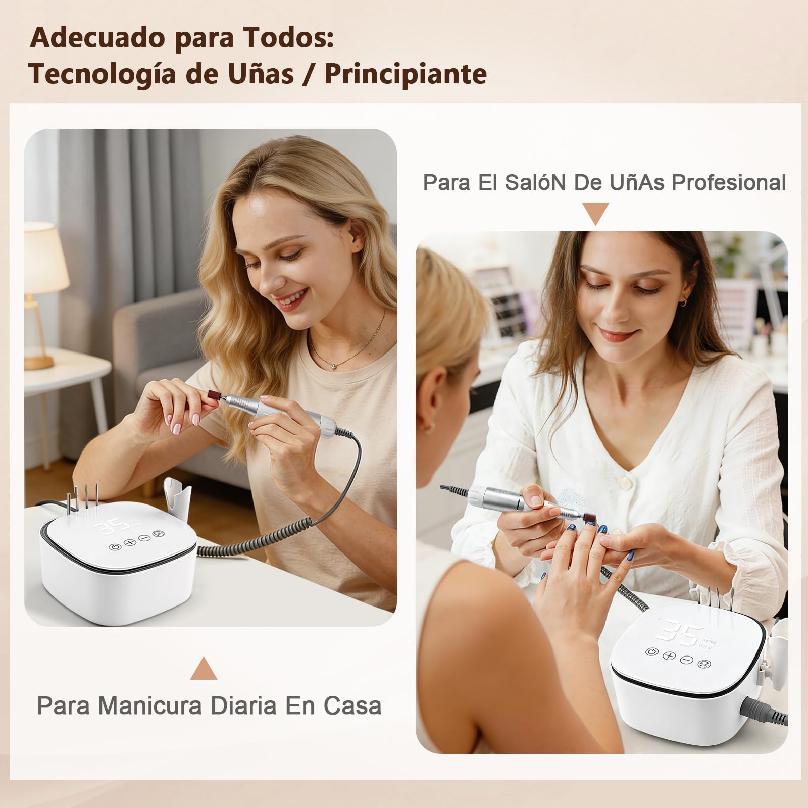 Einniewi Torno para Uñas Profesional 35000RPM, Lima Uñas Electrica con Botones Táctiles y Pantalla HD LED Digital, Nail Drill Kit Manicura y Pedicura, Quitar Acrílico Gel/Esmalte/Callos, Blanco