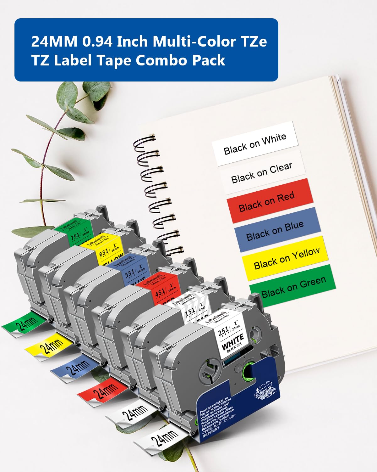 Labelwell Lot de 6 TZe 24 mm / 0.94in laminé multicolore TZe-251