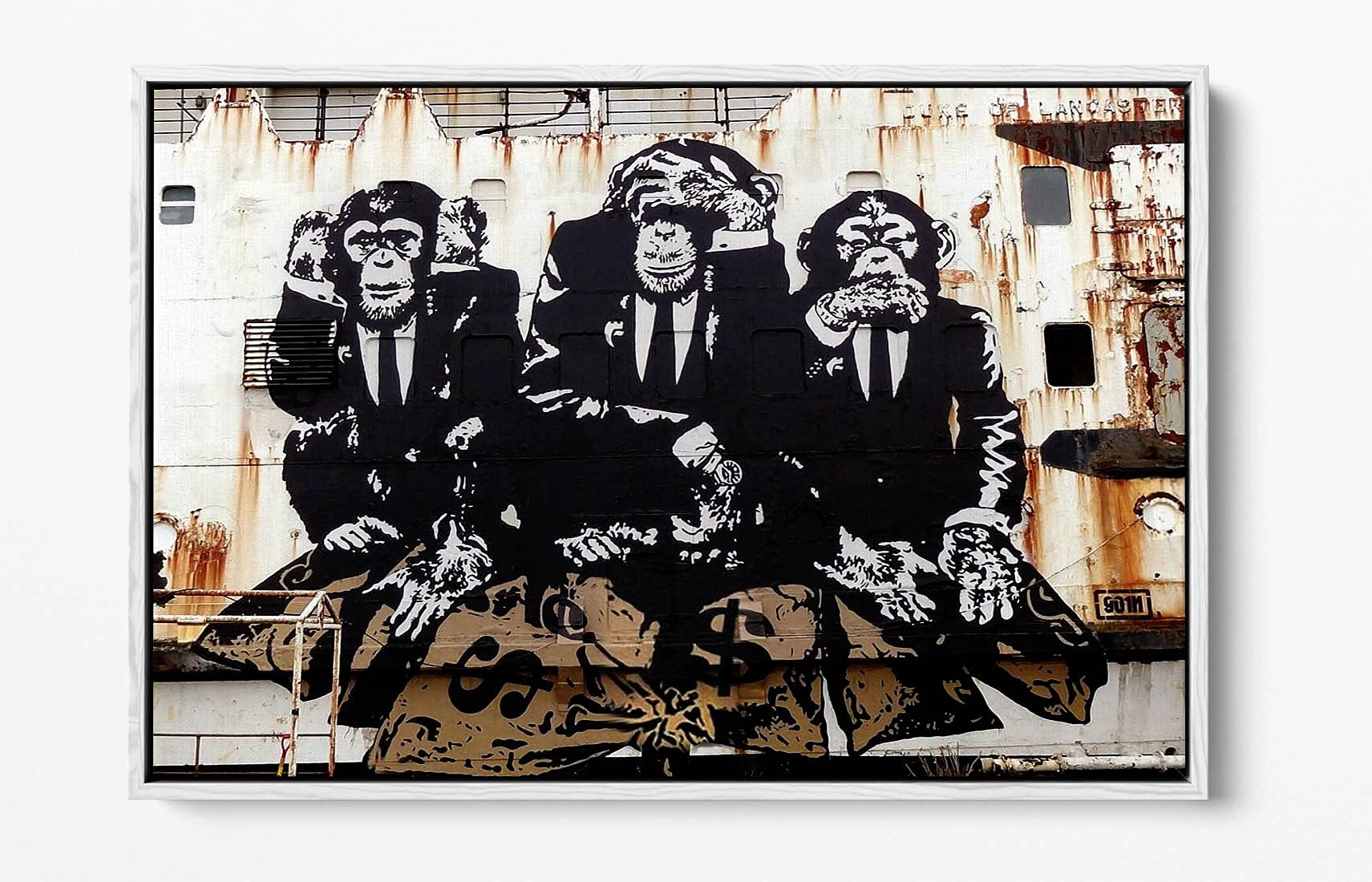 Canvasartshop White - Banksy Three Wise Monkeys- Float Effect Framed Canvas Wall Art Picture Print (, 36X24)