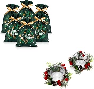 OYATON Christmas Drawstring Gift Bags and Christmas Candle Rings with Candle Holders
