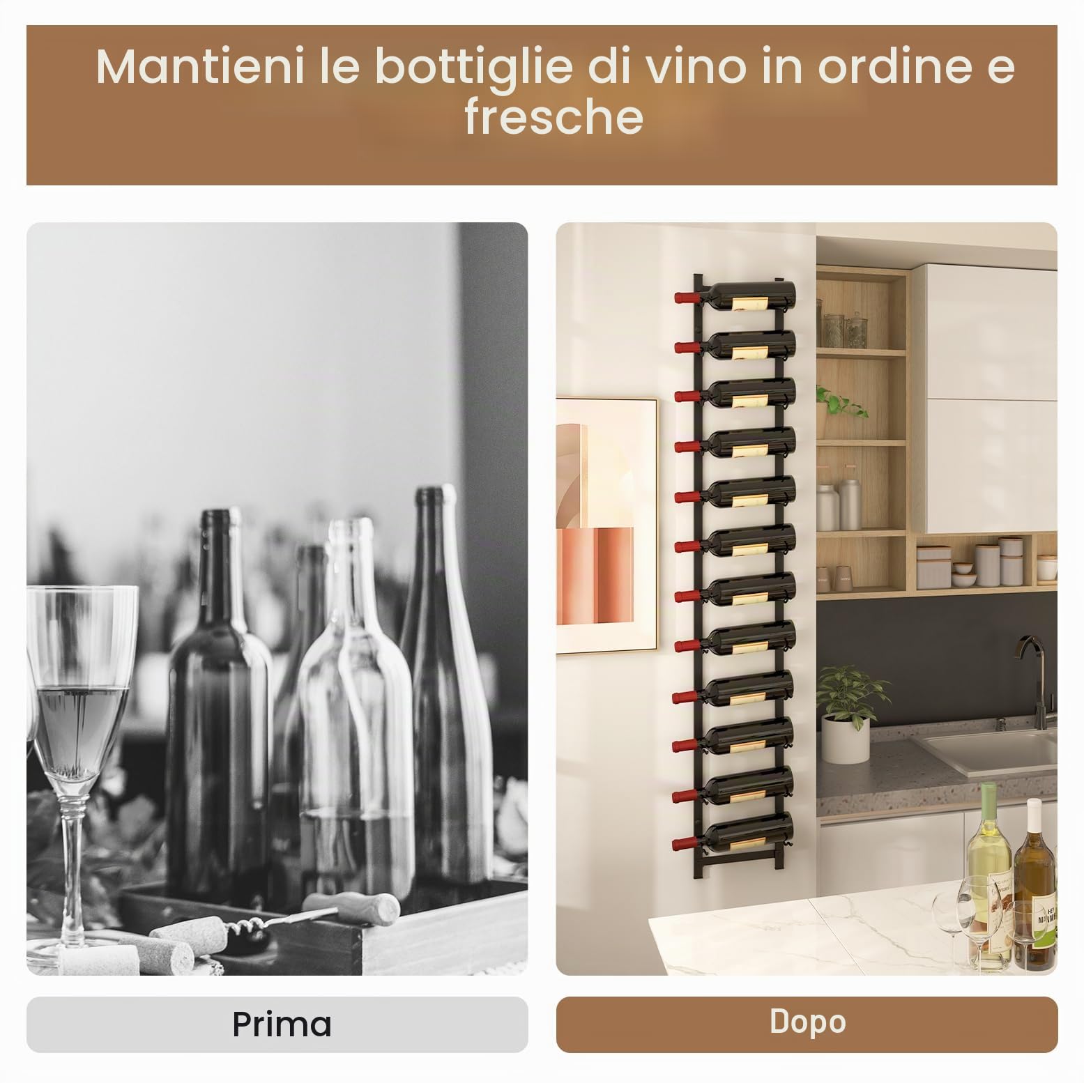 KOMFOTTEU Portabottiglie da parete per 6/9/12 bottiglie, porta metallo verticale, mensola vino decorativo, organizzatore cucina-sala da pranzo-bar (12'