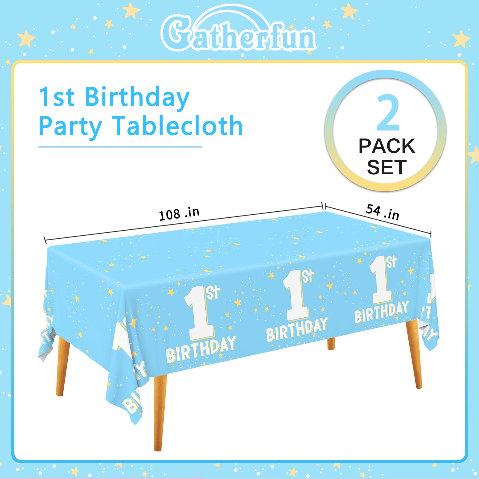 Gatherfun Baby Blue Party Supplies Set: 1st Birthday Decorations, Includes 2-Pack Baby Boy -Themed Tablecloths for First Birthday Decorations, Disposable Table Covers 54 x 108 Inch