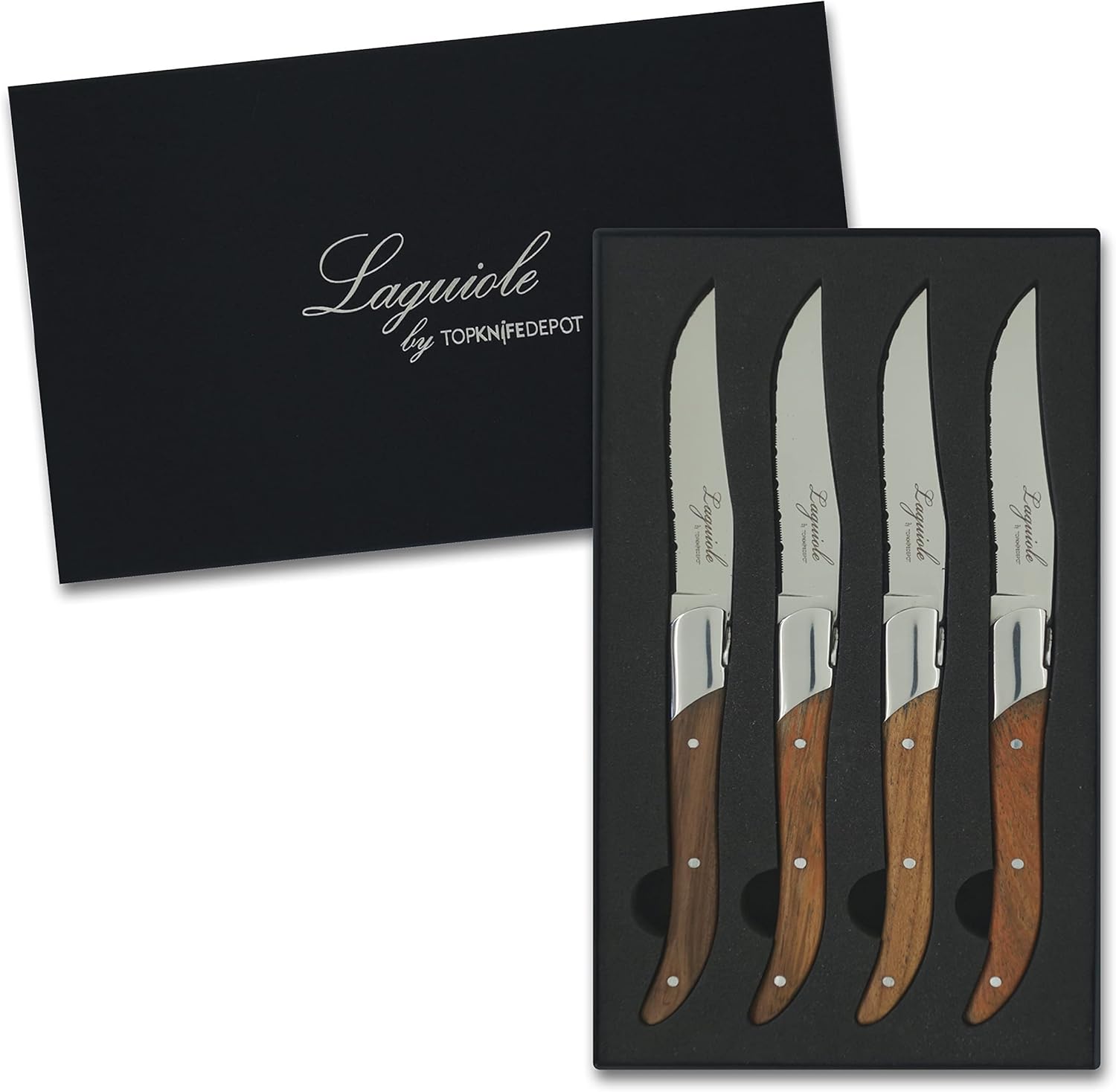 TopKnife Laguiole Steak Knife Set – Serrated Blade – Teak Handle - Set of 4