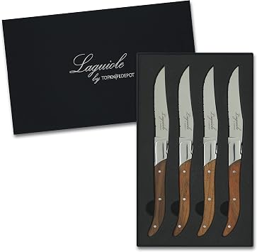 TopKnife Laguiole Steak Knife Set Serrated Blade Teak Handle - Set of 4