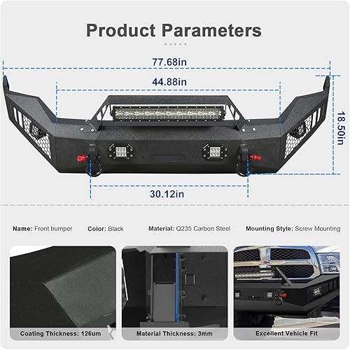 Miniatura 4 de Parachoques delantero todoterreno para RAM 1500 2013-2018, parachoques delantero de ancho completo 5 luces en D, barra de toro placa de cabrestante