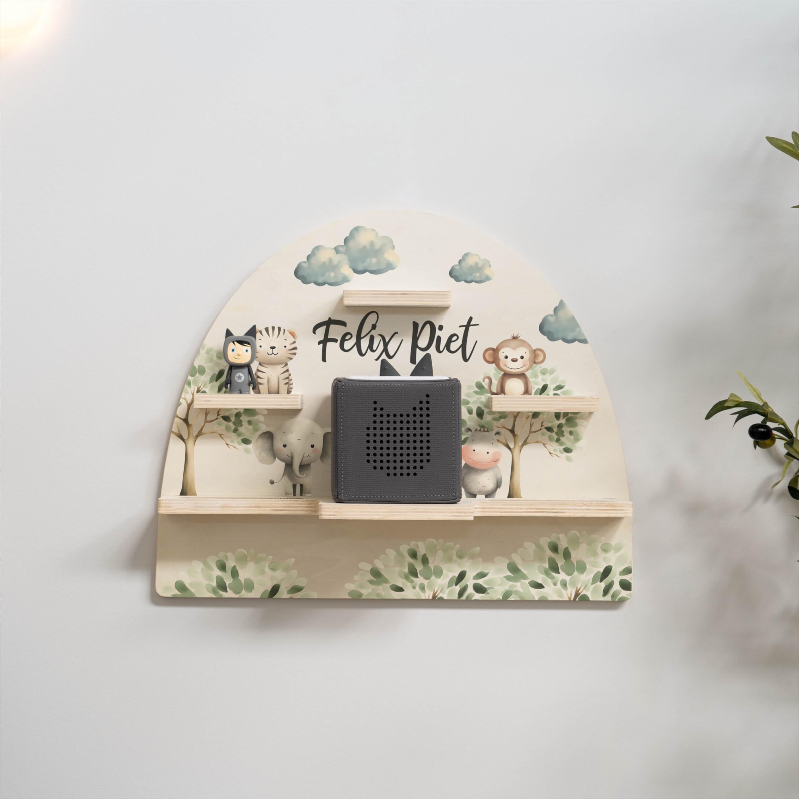 Geschenkfreude Personalisiertes Toniebox Regal für Kinderzimmer - Kinder Wandregal für Tonie Hörfiguren - Magnetisches Tonie Wandregal zur aufbewahrung von Tonieboxen und Figuren - Safari