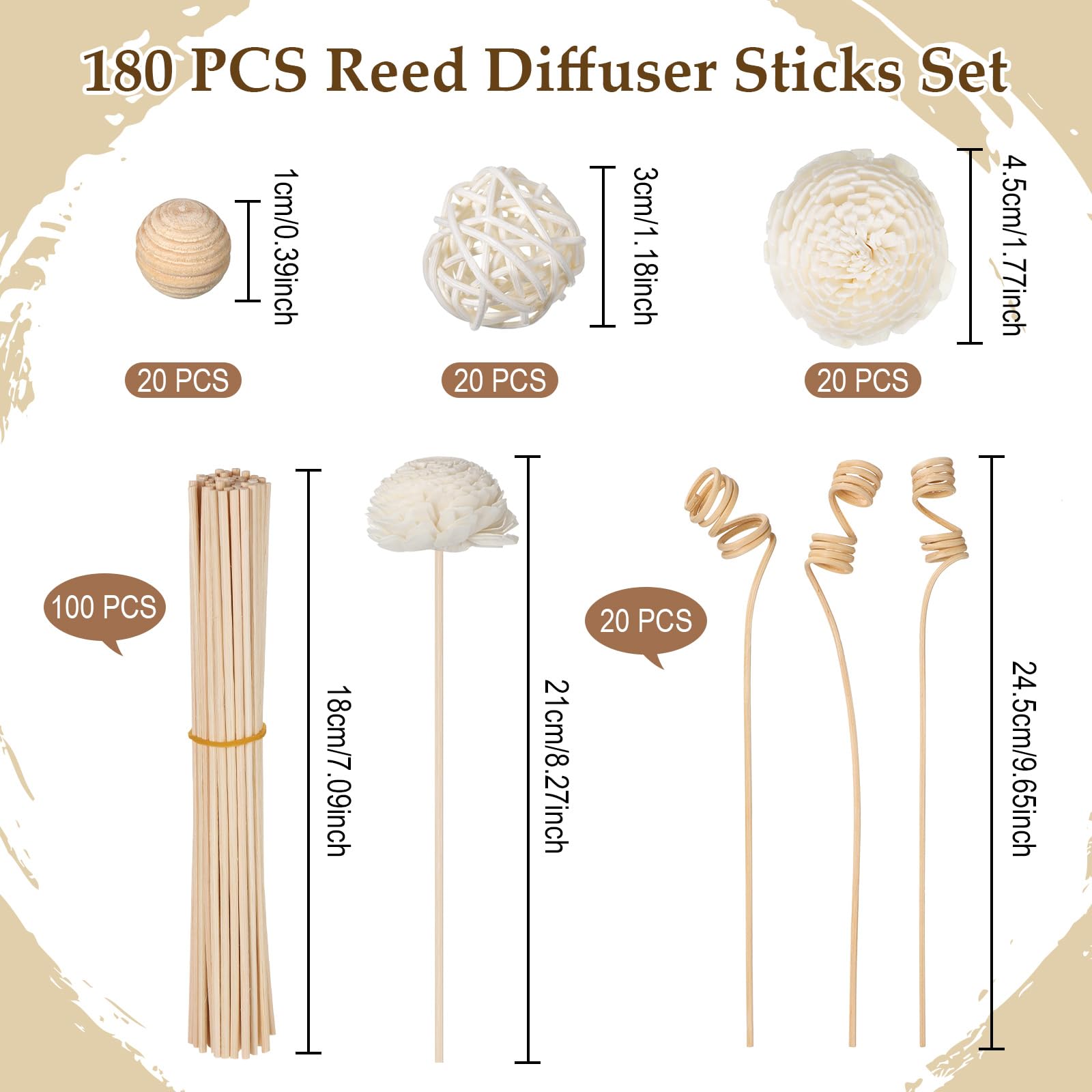 Loopeer 180 Stück Schilfrohr-Diffusorstäbchen-Set, Rattan-Duft-Diffusor und Blumen-Rattan-Diffusorstäbchen, natürlicher Rattan-Duft, Aromatherapie, flüchtiger Ersatz, Nachfüllstäbchen für Aroma