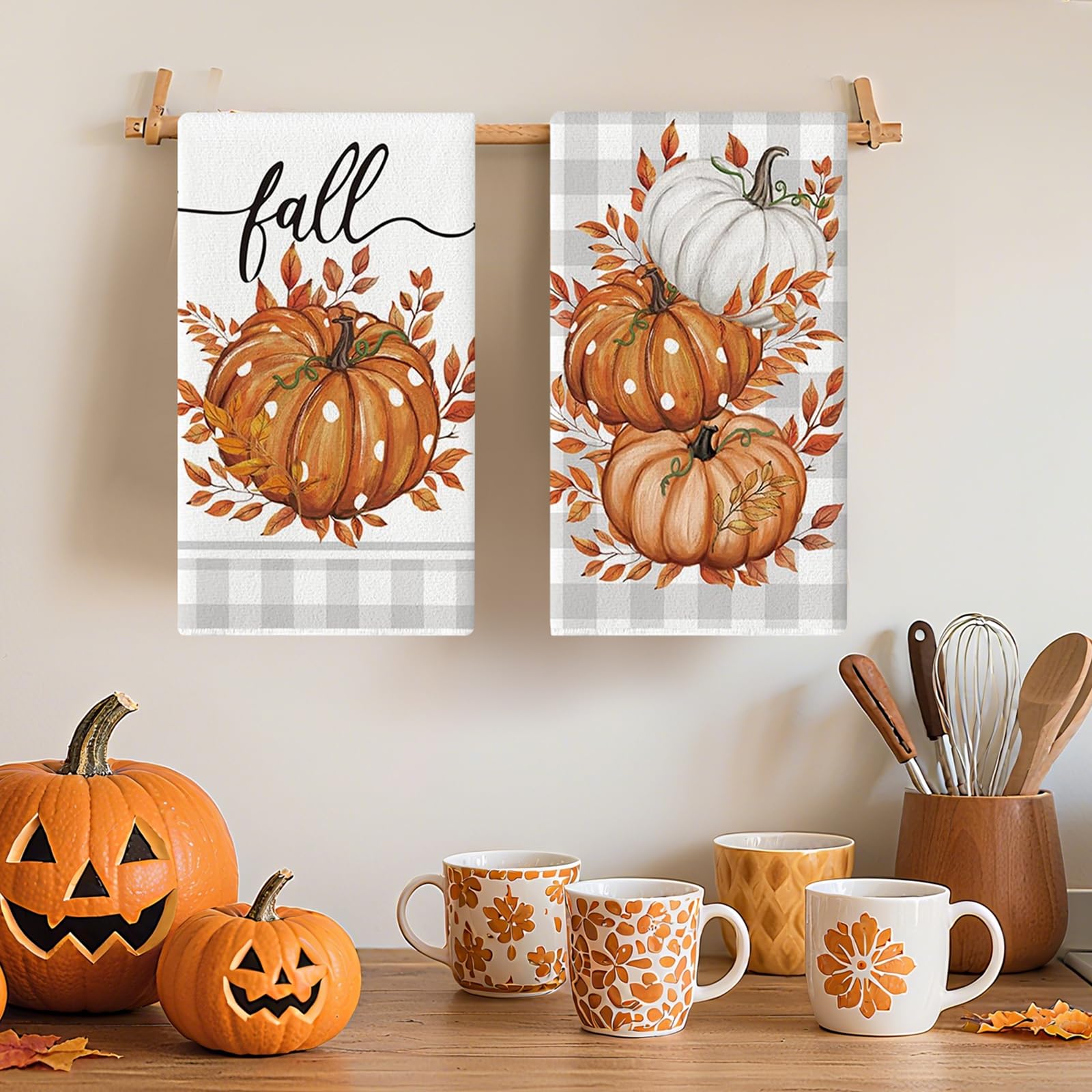Set Di 2 Asciugamani Da Cucina Autunnali Con Zucca – 40x60 Cm, In Poliestere Assorbente, Tema Raccolto