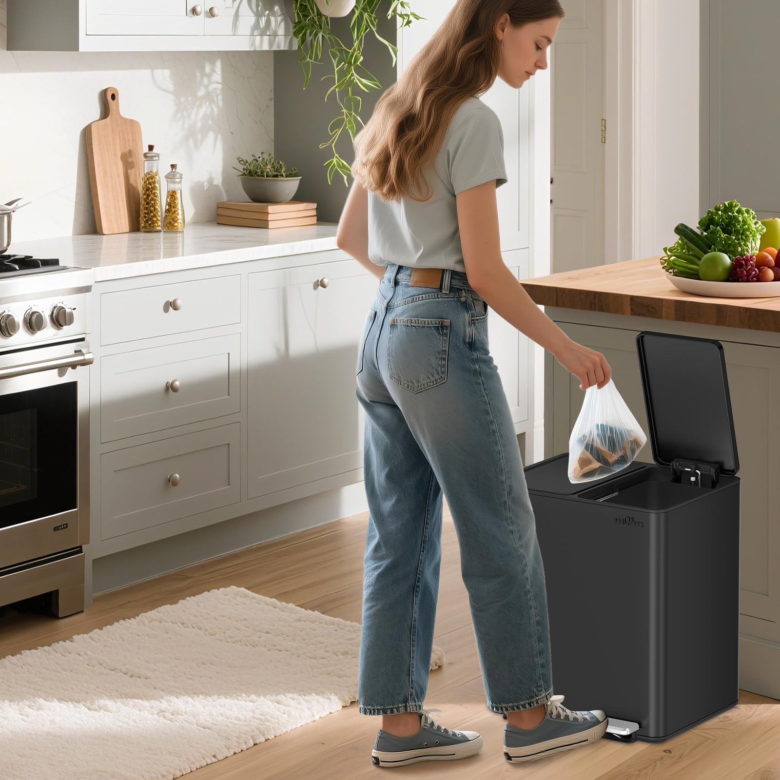 mVm Mülleimer Küche,30 Liter Treteimer,2 x 15 Liter Treteimer, 2 Fächer, Mülltrennsystem, Abfalleimer Küche mit Inneneimer aus Kunststoff,Metall,Klappdeckel, Softclose, Luftdicht