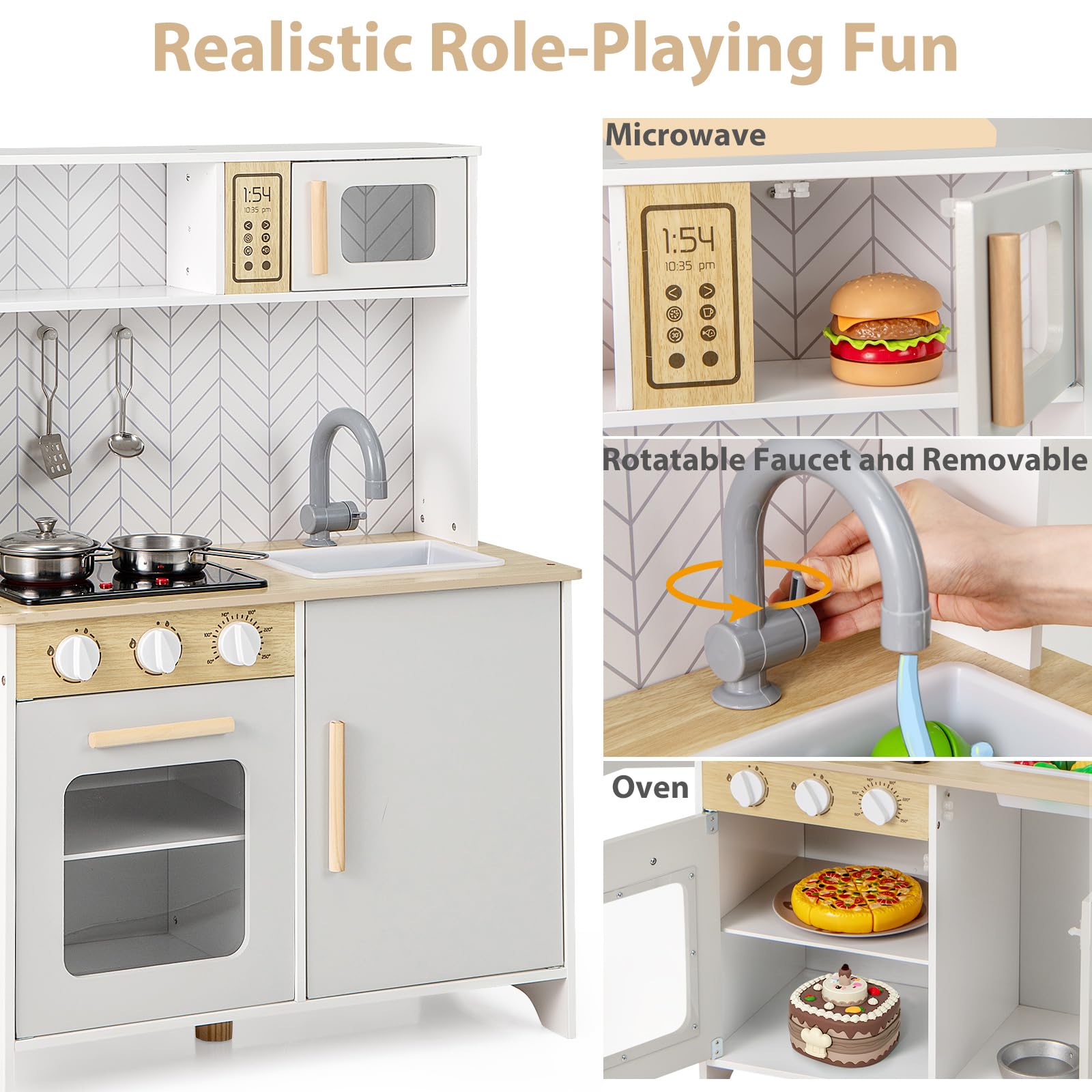 HOMASIS Cucina Giocattolo per Bambini con Luci e Suoni, Cucina Realistica in Legno con 3 Utensili, Rubinetto, Fornello, Microonde e Forno per Bambini da 3+ Anni (Bianco)