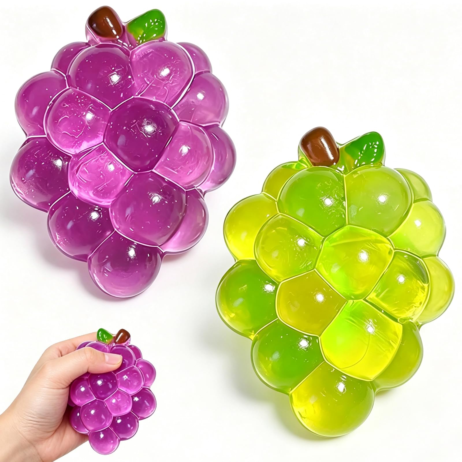 2Pcs Grape Squishy Toy, Crystal Fruit Squeeze Fidget Toy, Green and Purple