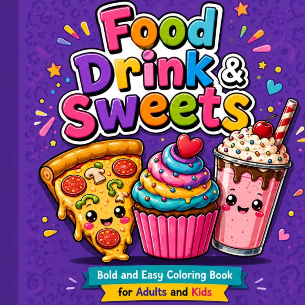 Food Drink & Sweets: Bold and Easy Coloring Book for Adults and Kids: 52 Simple and Big Designs of Delicious Snacks, Tasty Desserts, and Refreshing ... Fun, and Stress Relief for All Ages