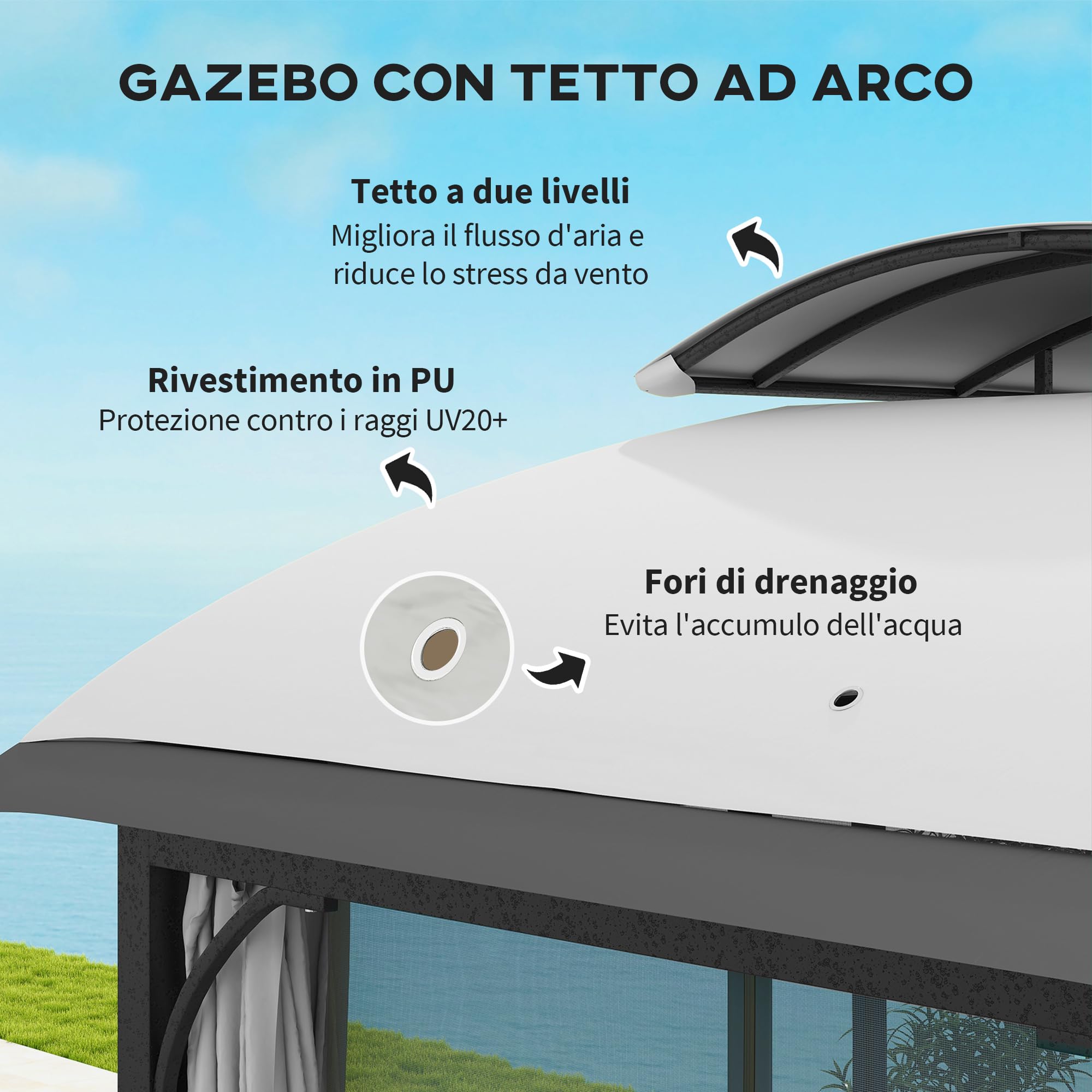 Outsunny Gazebo da Giardino con Zanzariere e Porte 4x3.3 m Grigio Chiaro | Doppio Tetto, Fori di Drenaggio, Gazebo da Esterno, Metallo e Poliestere, per Giardino Feste Campeggio, UV20+