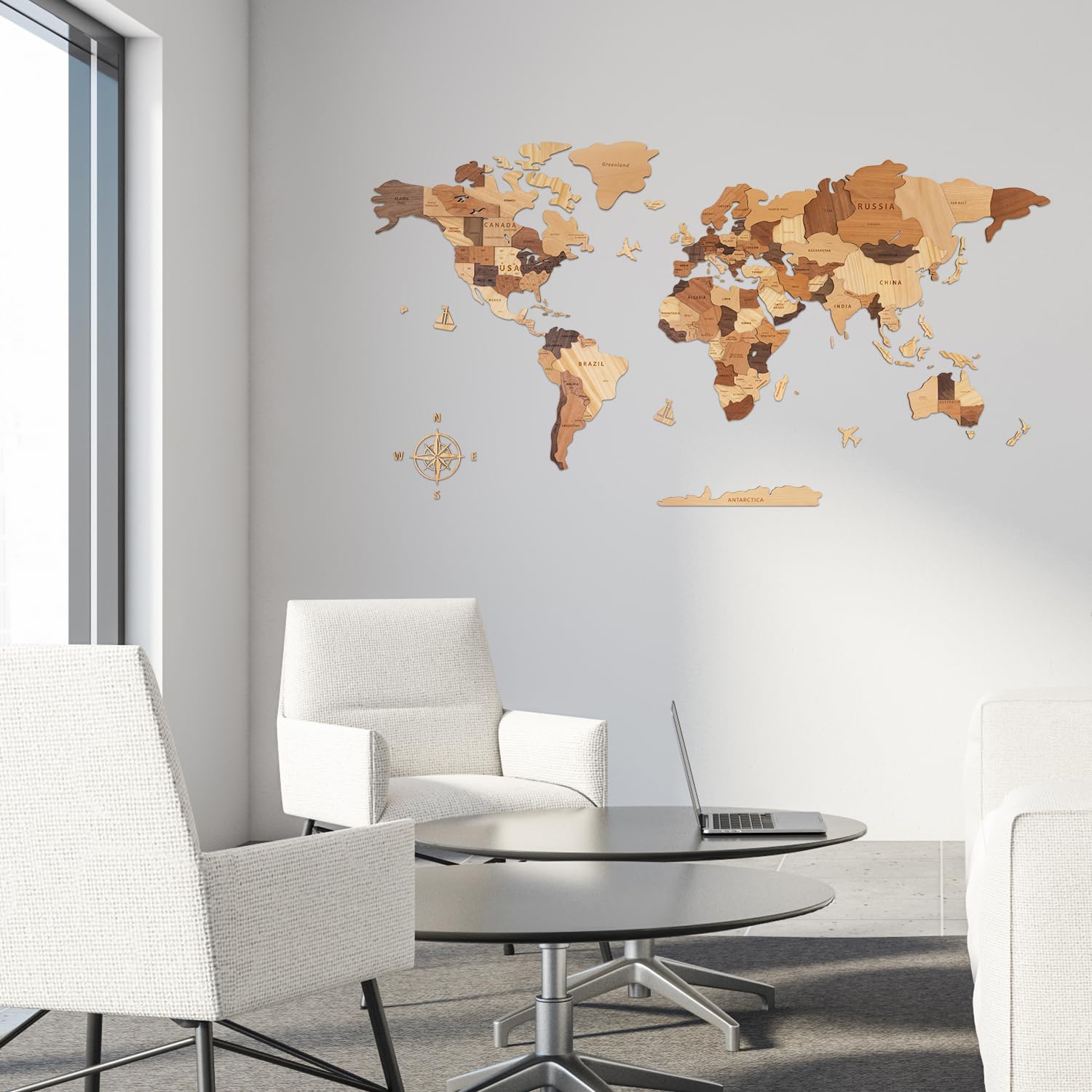 Creawoo Mapa del Mundo 3D de Madera para Decoración de Pared, Grande Mapamundi Maciza Natural Multicapa Arte de Pared para Oficina Sala de Estar Dormitorio, Mapamundi de Viaje de Madera-150x85cm