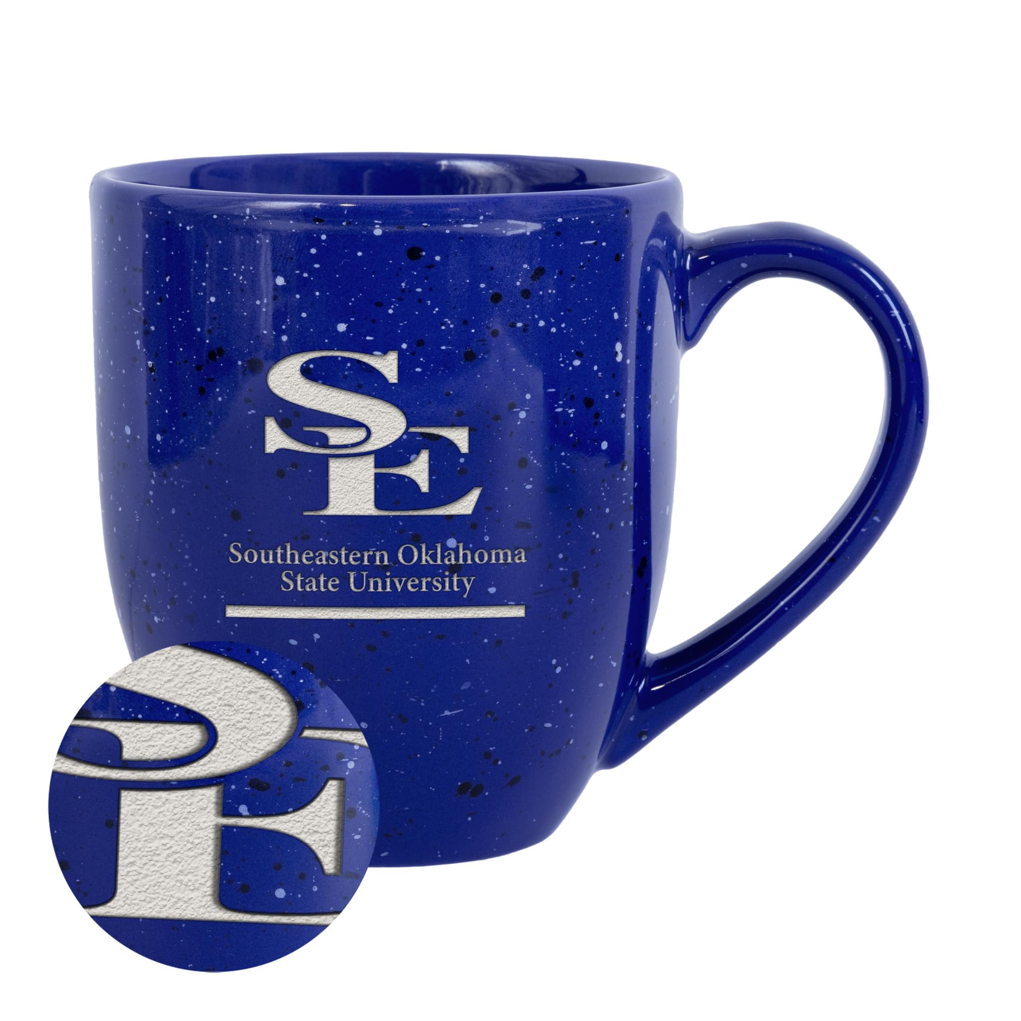 Rico Industries NCAA Southeastern Oklahoma State Savage Storm Primary Logo Royal 16 oz Team Color Laser Engraved Speckled Ceramic Coffee Mug