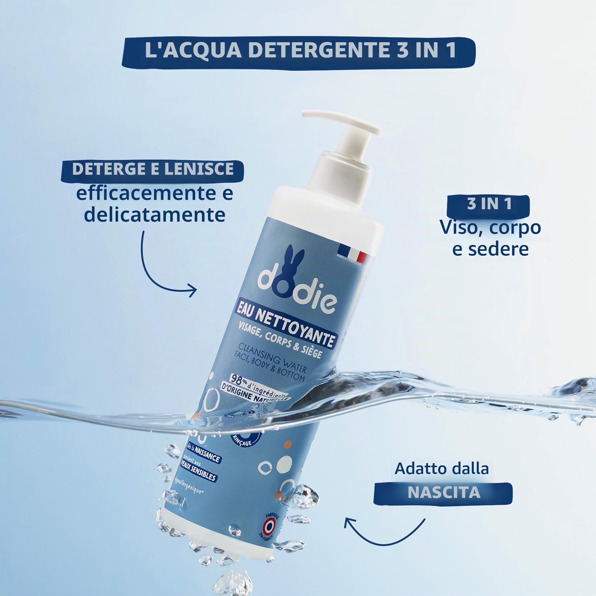 Dodie, Acqua Detergente 3 in 1 (500 Ml), Detergente Viso, Corpo e Zona Pannolino, 98% di Ingredienti di Origine Naturale, Ipoallergenico, dalla Nascita