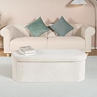 Vista 7 de B FSOBEIIALEO - Otomana con espacio de almacenamiento para sala de estar, reposapiés plegable, de vellón, banco plegable para dormitorio, 43.3 Blanco