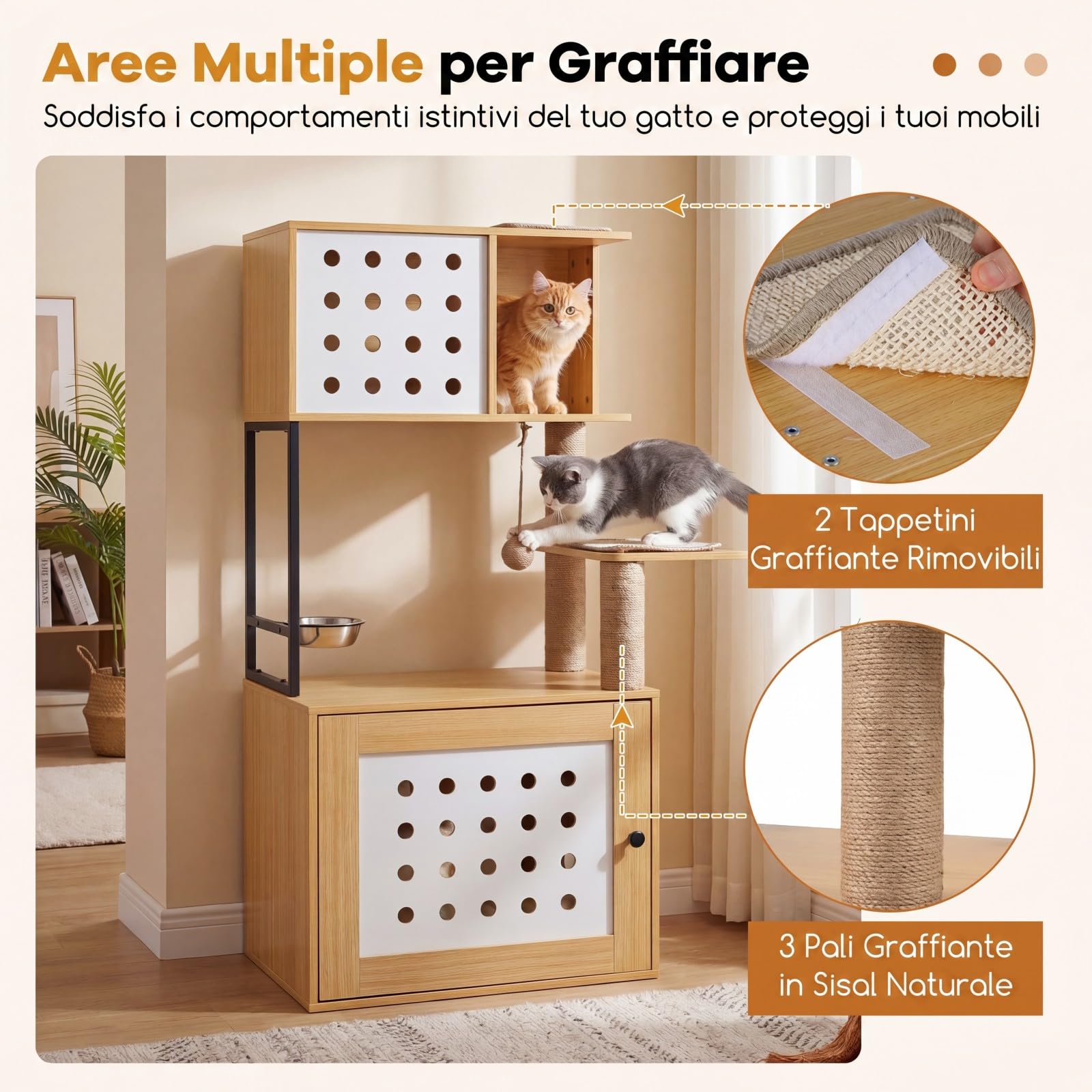 COSTWAY Mobile Lettiera Gatti Multilivello, Albero Tiragraffi per Toilette Nascosta in Legno, con Ciotola, Cuccia, Piattaforme di Attività, Tiragraffi e Giocattoli, 73 x 43 x 117,5 cm (Naturale)