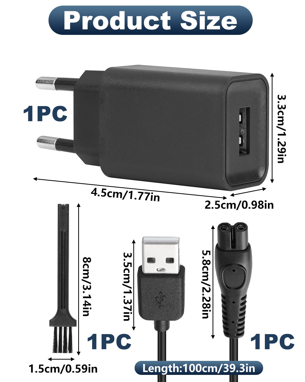 Caricabatterie 5V 1A Compatibile con Rasoio Philips OneBlade QP2724 QP2734 QP2824 QP2834 QP4631 MG9530 MG7910 MG5910 S7887 S5898 PQ888 PQ889 Cavo USB 1M Alimentatore Sicuro Portatile Viaggio