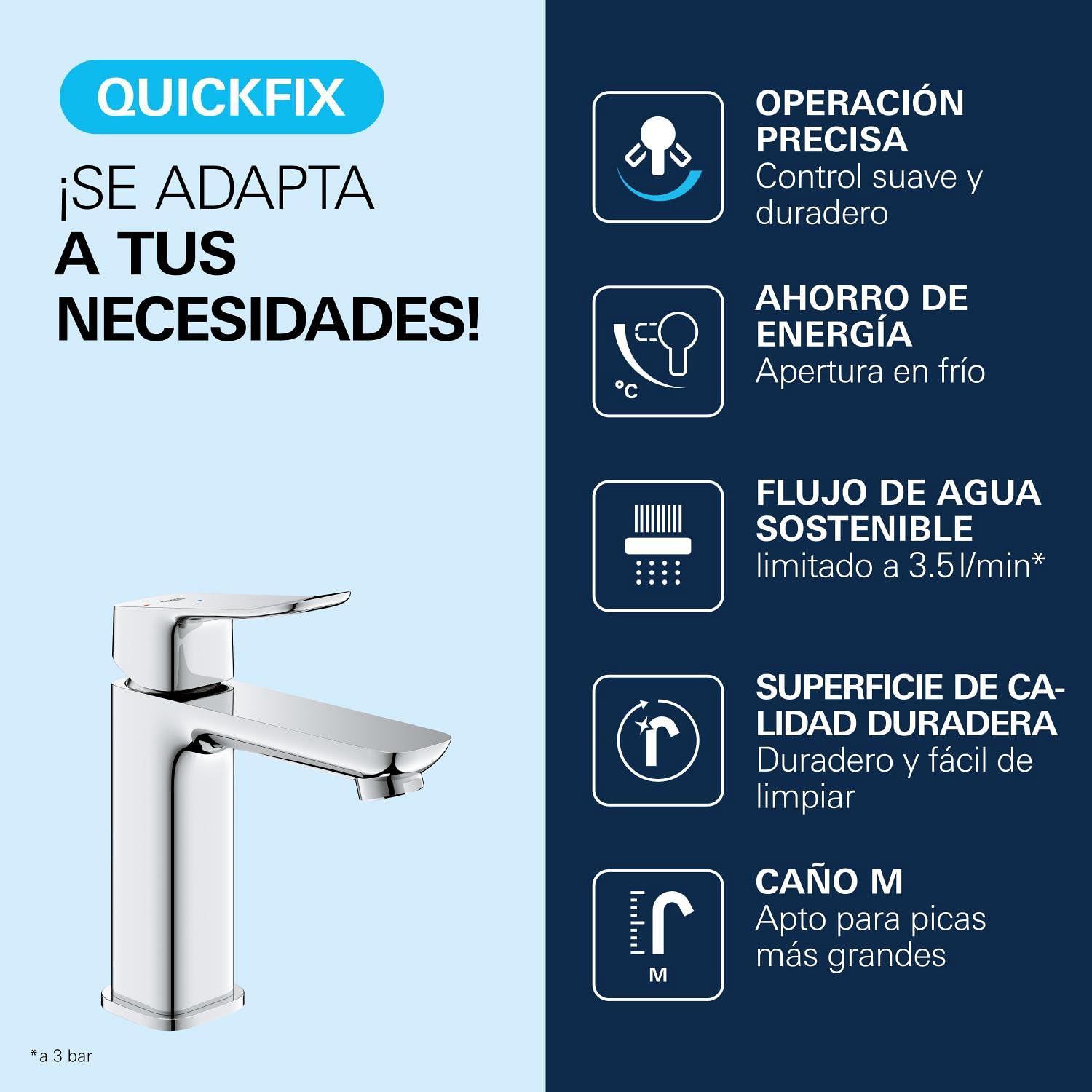 GROHE Dice - Grifo de lavabo de cuerpo liso con desagüe Push-Open, Talla M, cartucho cerámico 28 mm, bajo caudal para ahorro de agua, latiguillos 3/8", QuickTool, Cromado, 1018350000