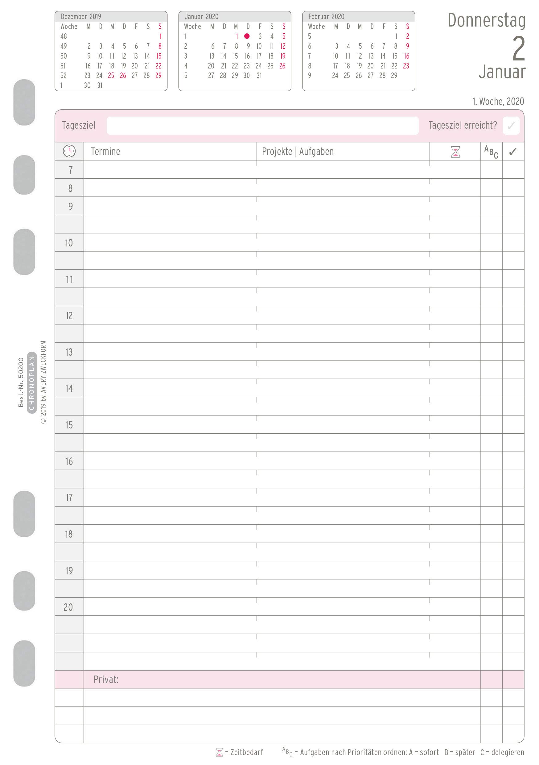 Chronoplan 50200 - Inserto per calendario 2020 (set annuale A5 con piani giornalieri (148 x 210 mm), calendario di ricambio, ideale per pianificazione giornaliera professionale, multilfori (1 giorno