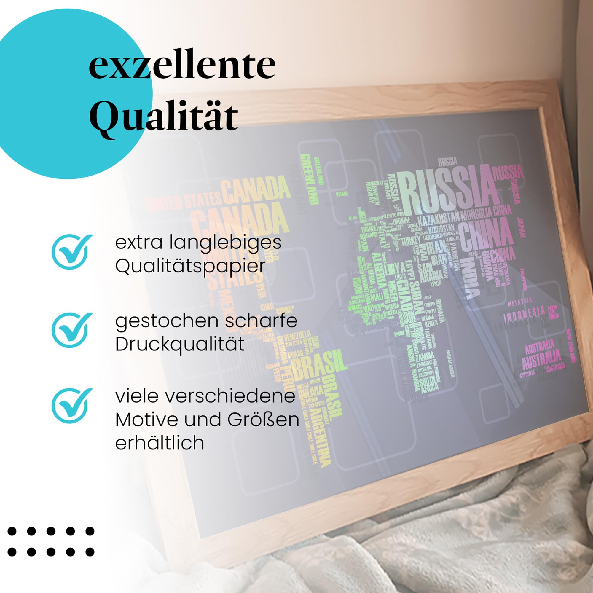 Postereck - 0925 - Moderne Schrift Welkarte, Bunt Länder Kontinente - Unterricht Klassenzimmer Schule Wandposter Fotoposter Bilder Wandbild Wandbilder - Leinwand - 100,0 cm x 75,0 cm