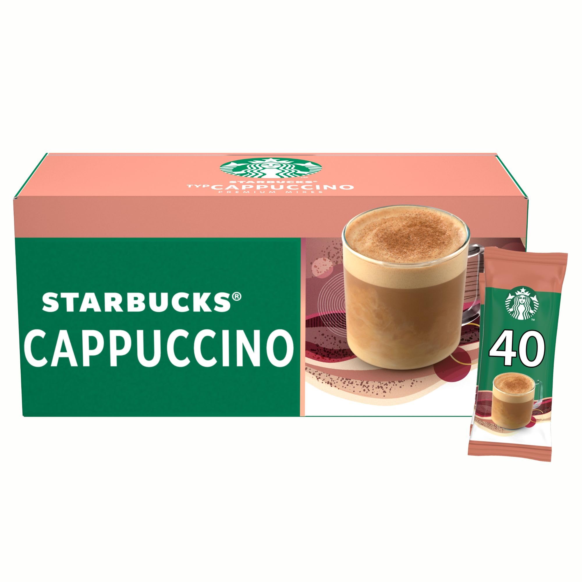 STARBUCKS Cappuccino - 40 Sachets Solubles - Spécialités Instantanées Gourmandes - Café 100% Arabica - Facile à Emporter - Boîte de 40 Sticks de 18g - 720g | Préparation soluble avec du lait et du café pour cappuccino, pour service monodose.